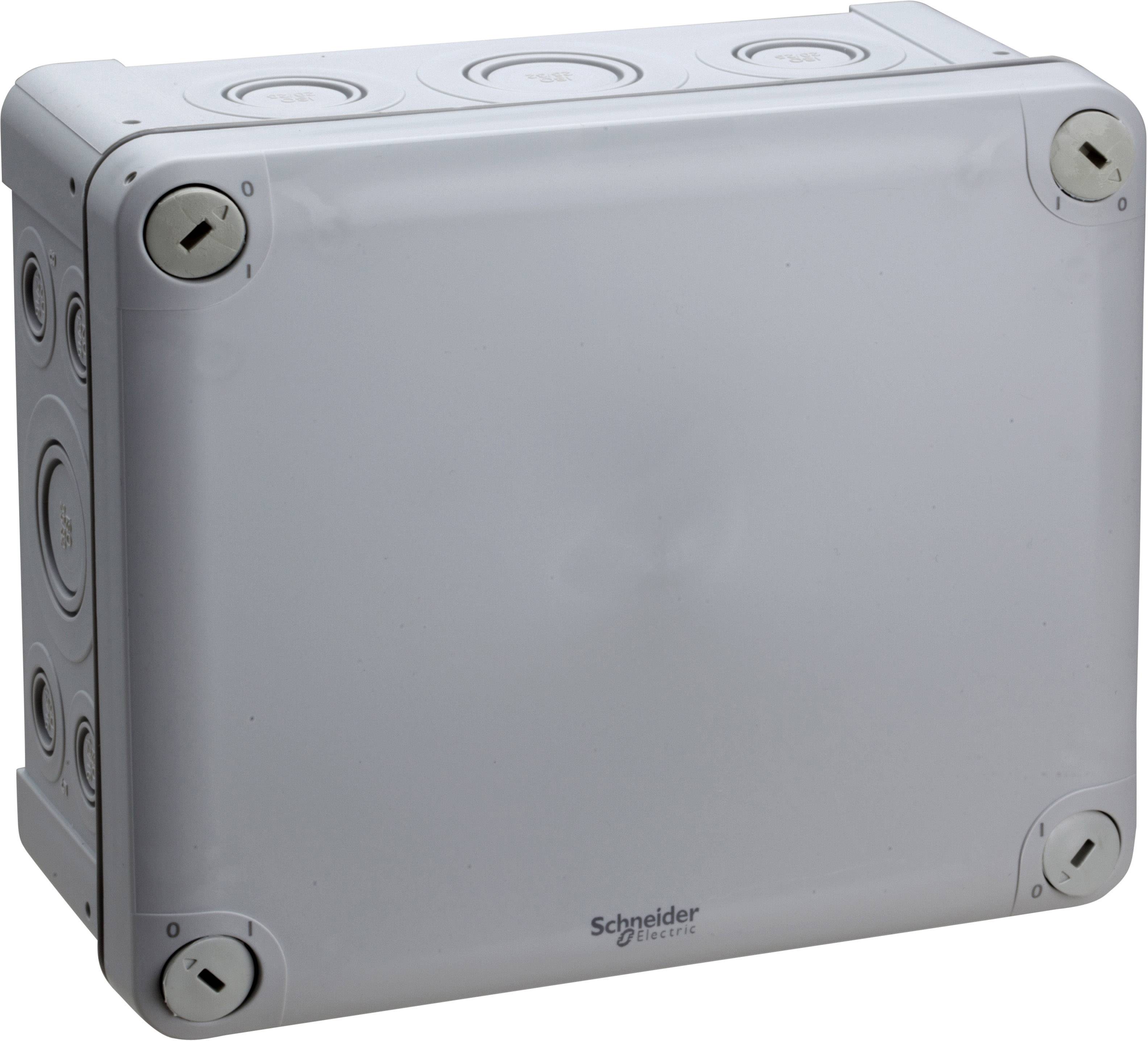 Graue Kunststoffverteilerdose von Schneider Electric mit abnehmbaren Seiteneingängen. Hauptsächlich für Elektroinstallationen gedacht.
