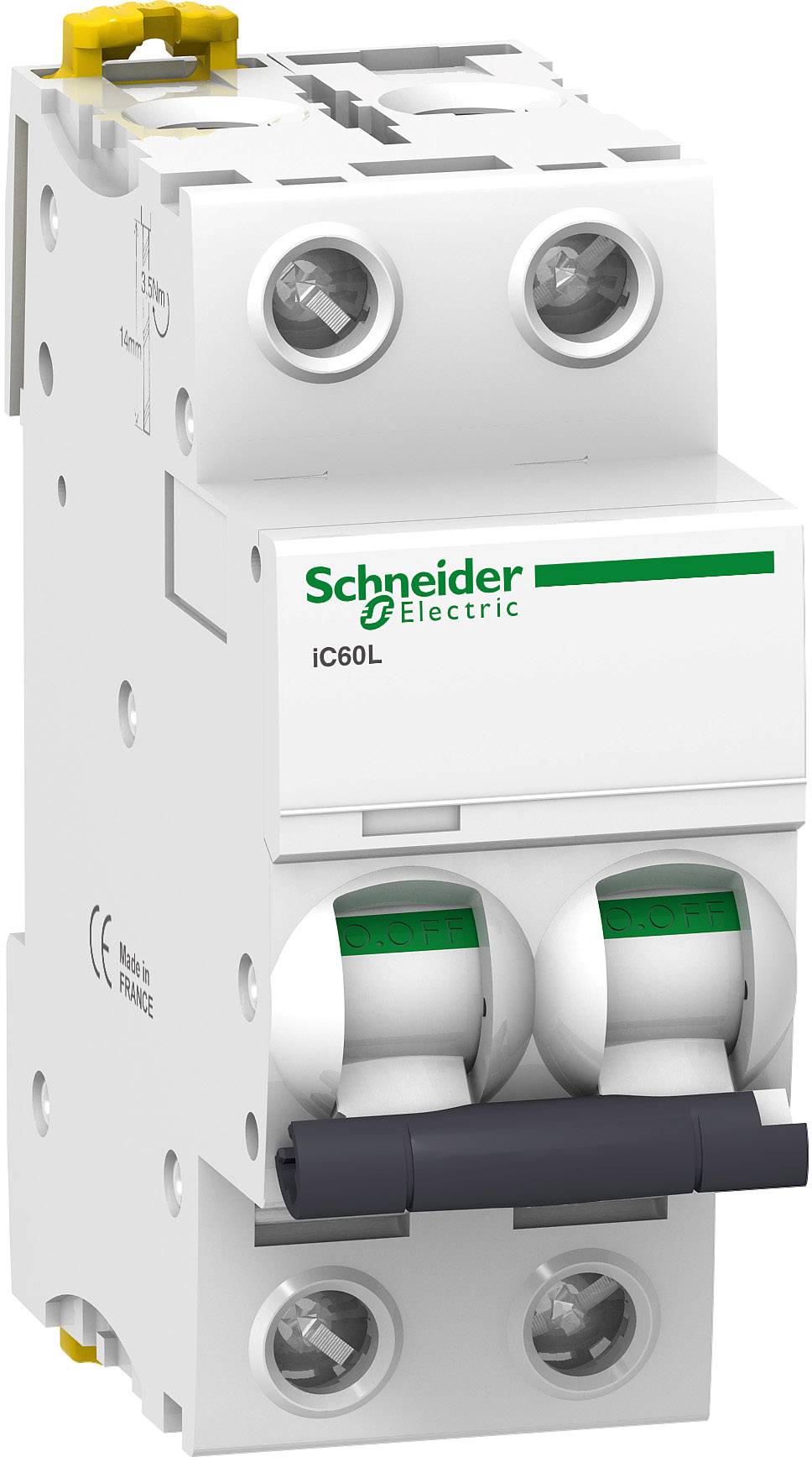Leistungsschalter von Schneider Electric, Modell iC60L, in Weiß mit grünen Akzenten, zeigt Schalthebel und die Aufschrift 'Made in France'.