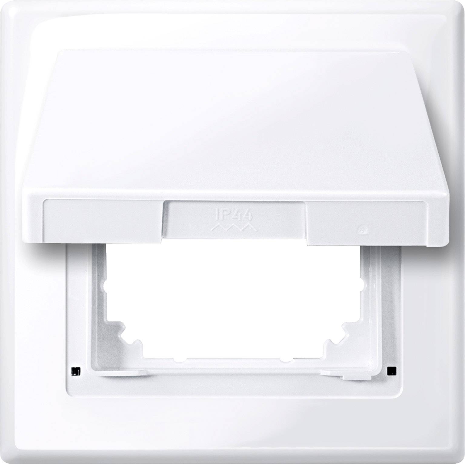 Ein weißer, quadratischer Schutzsteckdosenrahmen mit einer Klappe, gekennzeichnet mit 'IP44', geeignet für feuchte Umgebungen.
