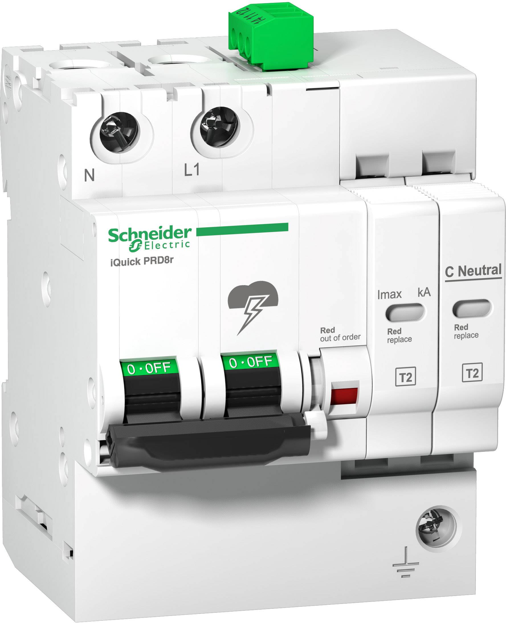 Ein dreipoliger Sicherungsautomat von Schneider Electric, Modell 'iQuick PRD8r', mit grüner Testtaste oben und Beschriftungen an der Vorderseite.