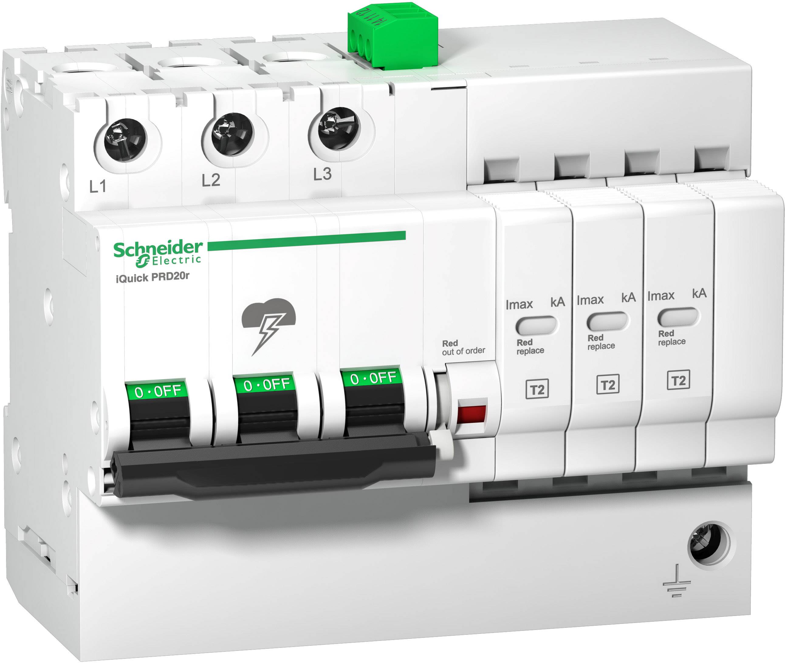Ein dreiphasiger Leitungsschutzschalter von Schneider Electric mit mehreren Schaltern und einem grünen Schalter oben.