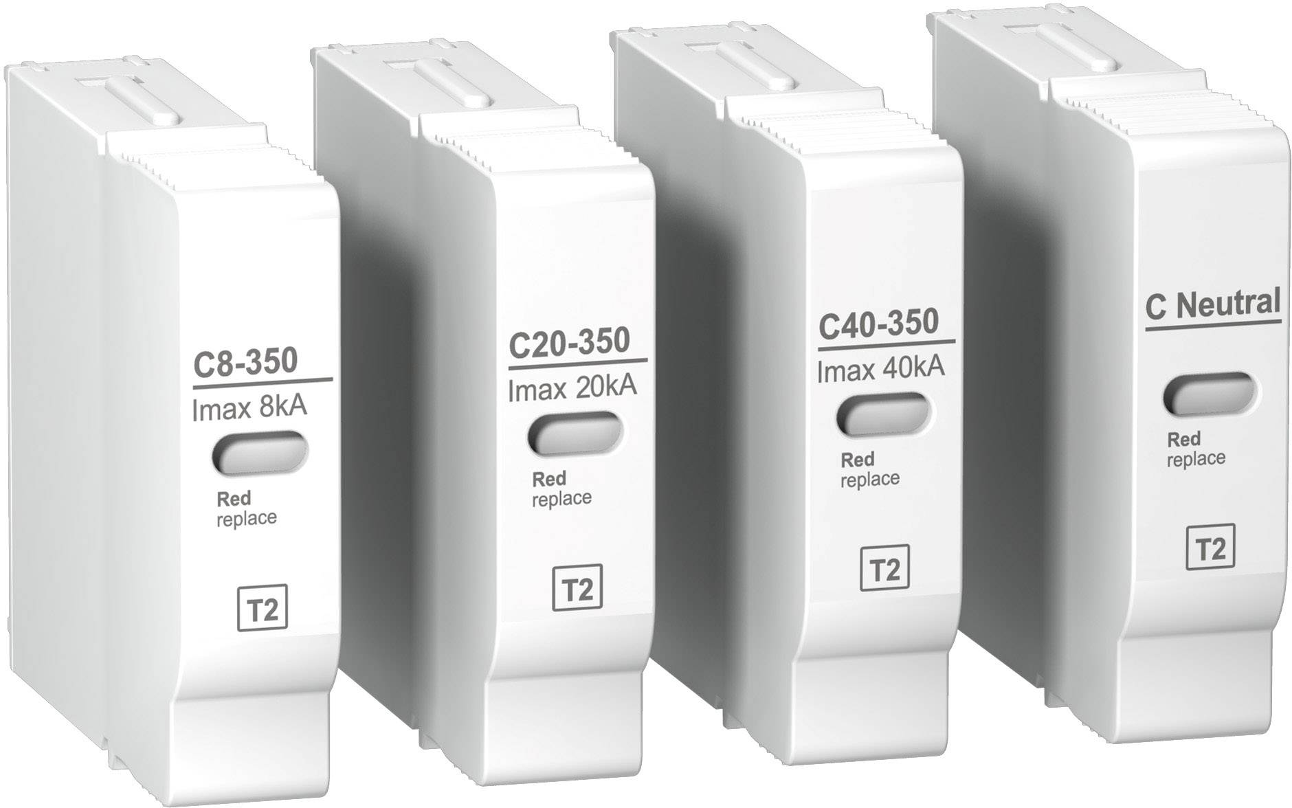 Vier weiße Schutzschalter mit Beschriftungen 'C8-350', 'C20-350', 'C40-350', 'C Neutral', jeweils mit Maximalstromangabe in kA.