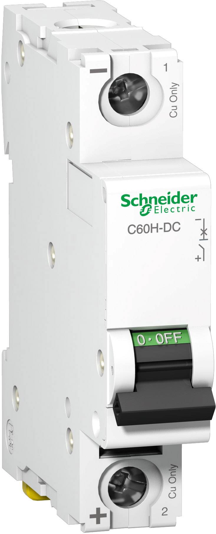 Leitungsschutzschalter von Schneider Electric, Modell C60H-DC, mit Kippschalter für Stromkreissteuerung.