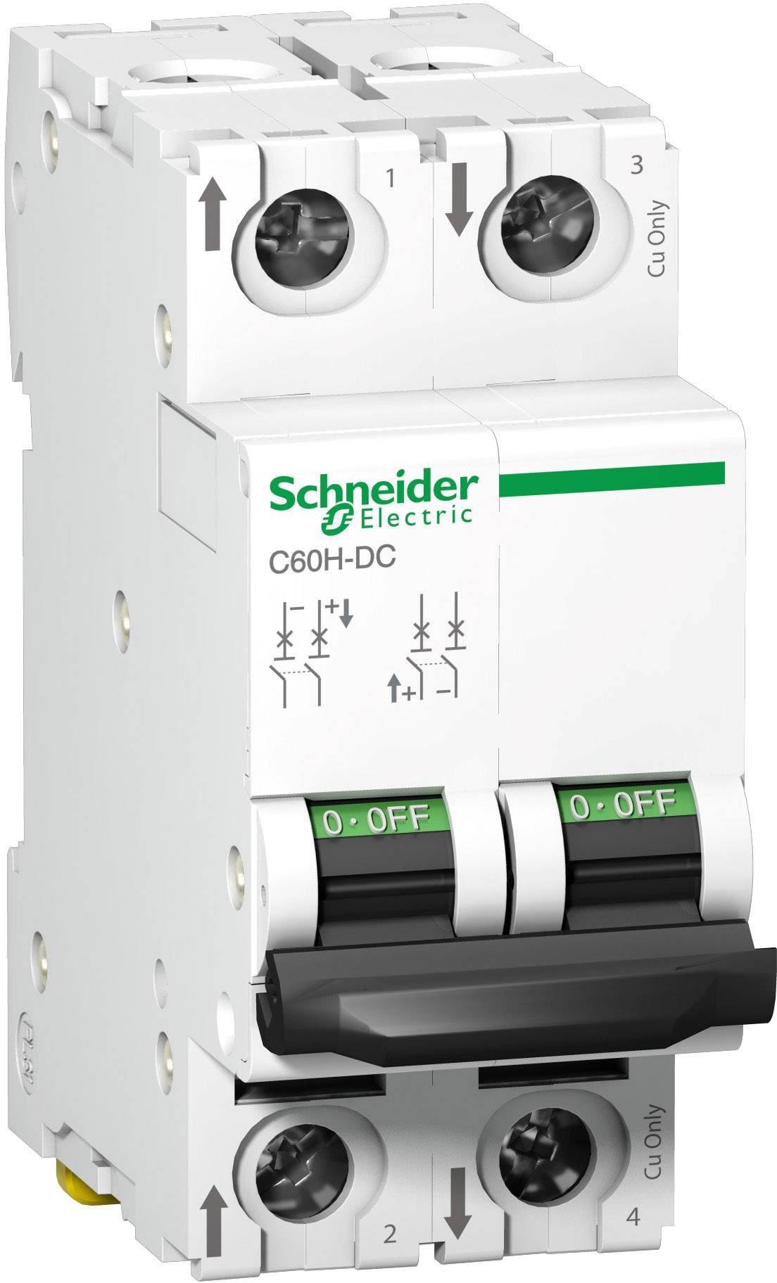 Ein weißer Leistungsschalter der Marke Schneider Electric mit grüner Aufschrift, zwei Schalthebel mit 'ON-OFF', geeignet für DC-Anwendungen.