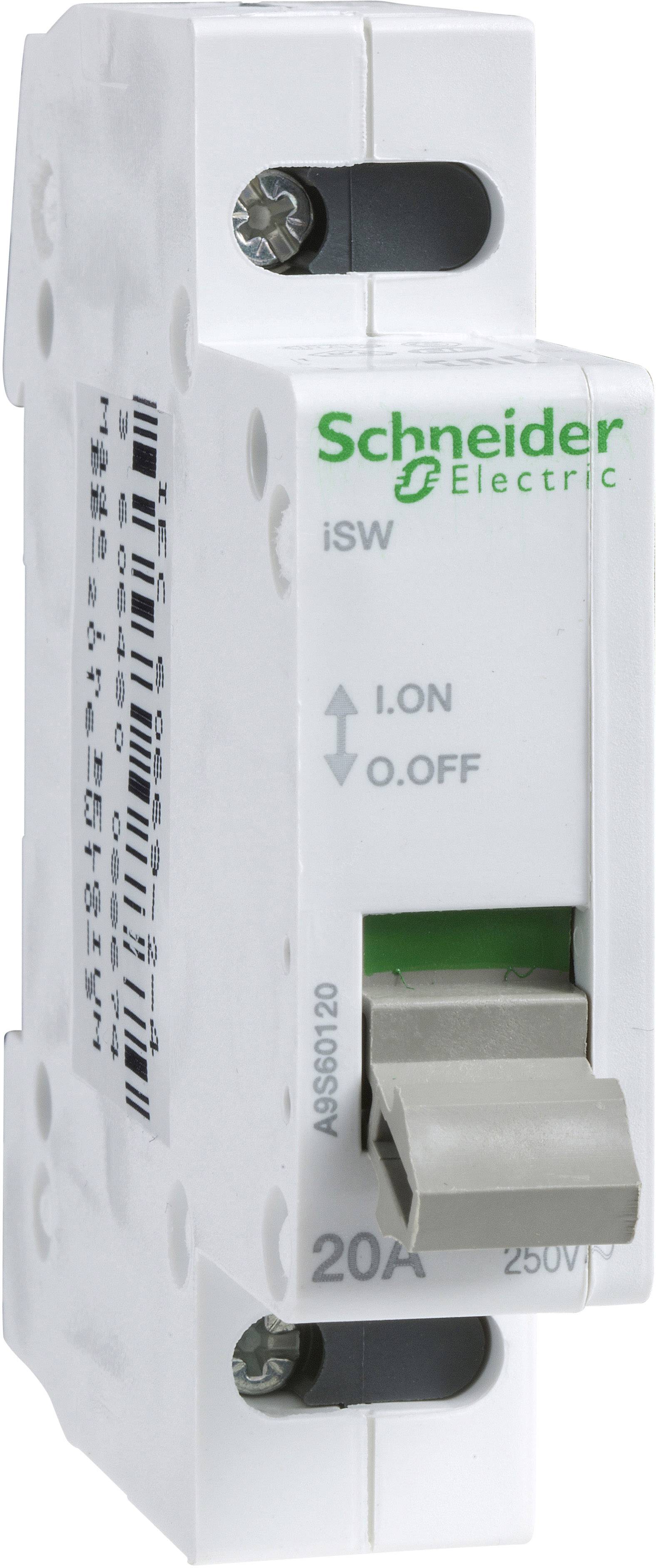 Ein weißer ISW-Schalter von Schneider Electric mit einer grünen Kippschalterstellung für 'I.ON' (eingeschaltet) und 'O.OFF' (ausgeschaltet). 250V, 20A.
