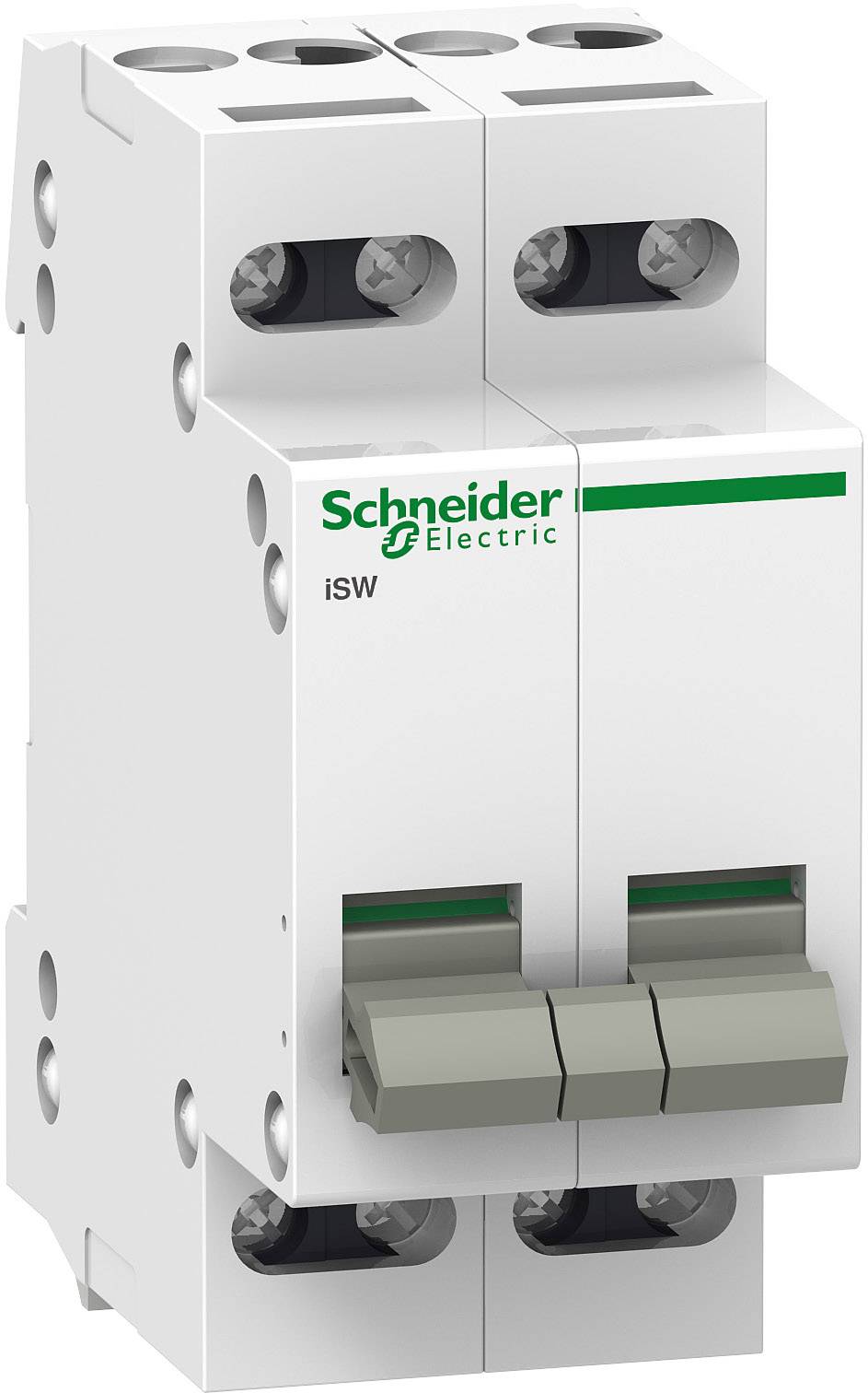 Ein weißer Schutzschalter mit der Aufschrift 'Schneider Electric iSW', bestehend aus zwei Schaltern, die nebeneinander positioniert sind.