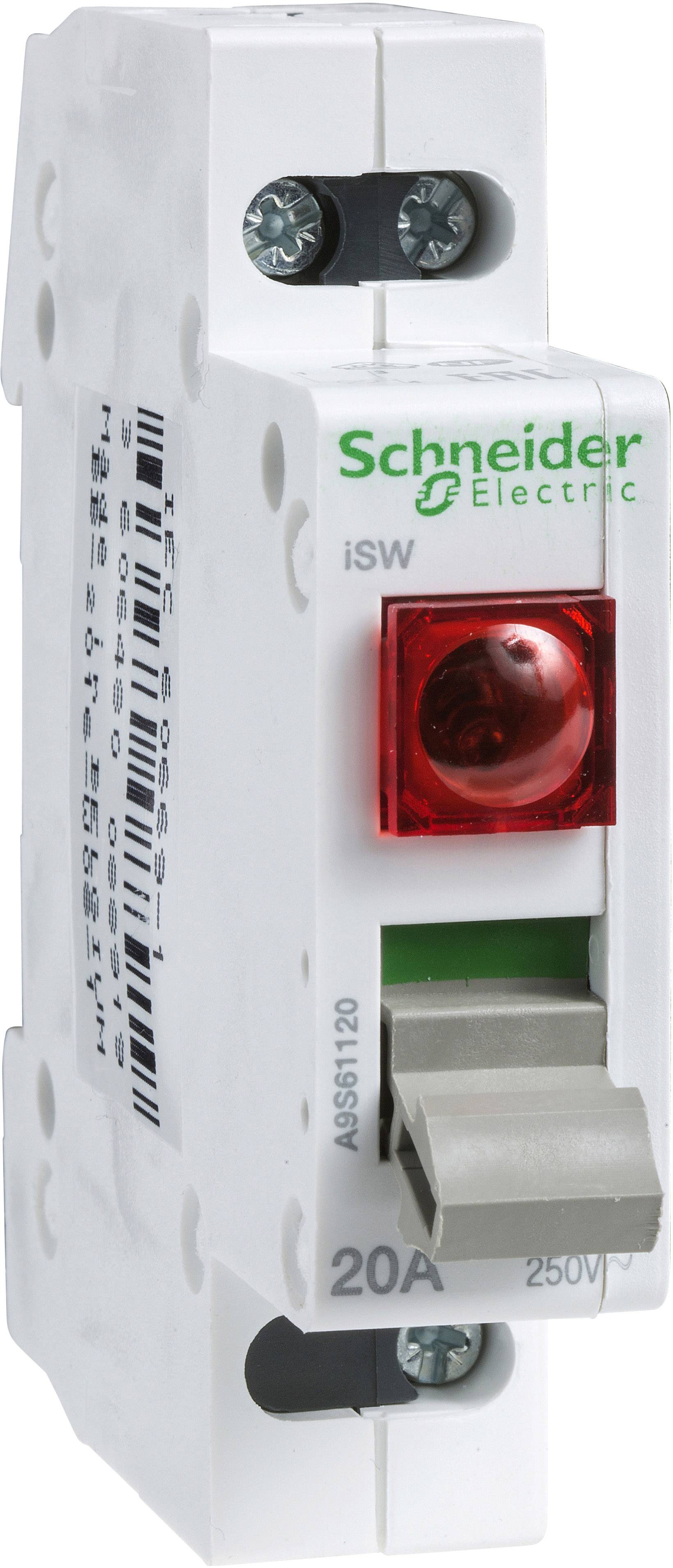 Ein weißer Schutzschalter von Schneider Electric mit rotem Schalter und Aufschrift 'iSW' und '20A 250V'.