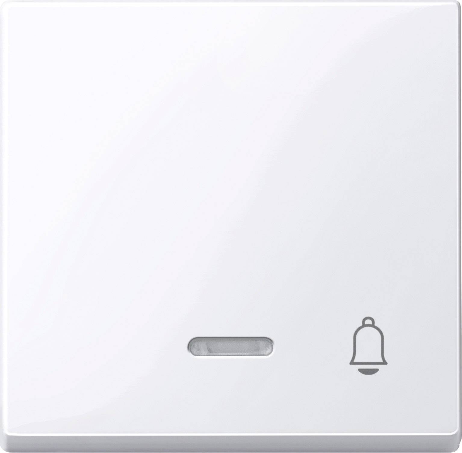 Ein weißer Lichtschalter mit einem kleinen Glockensymbol in der unteren rechten Ecke.