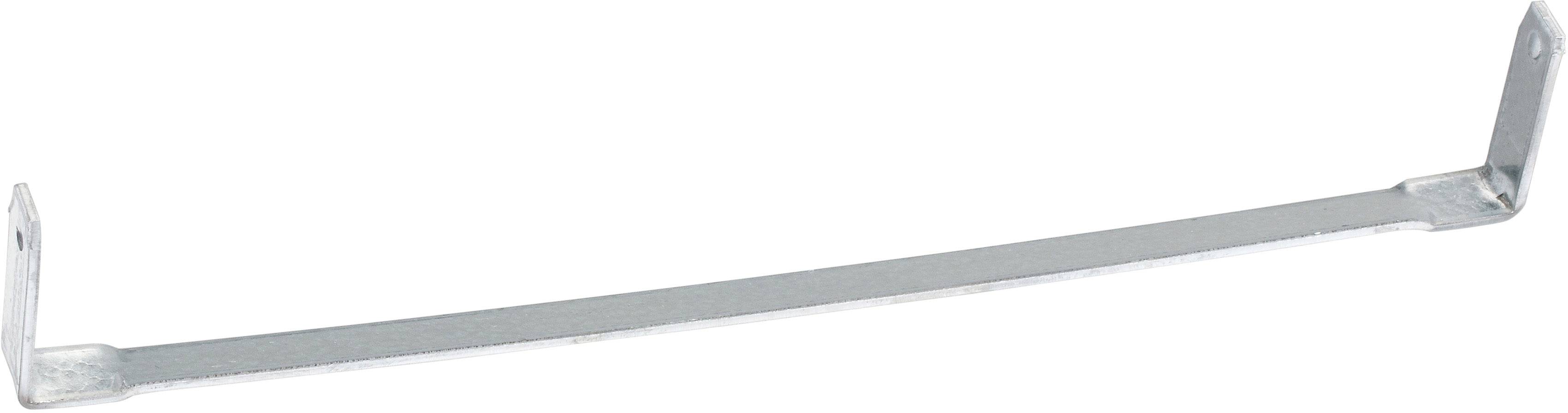 Metallwinkel, lang und flach, mit gebogenen Enden und Loch für Befestigung.