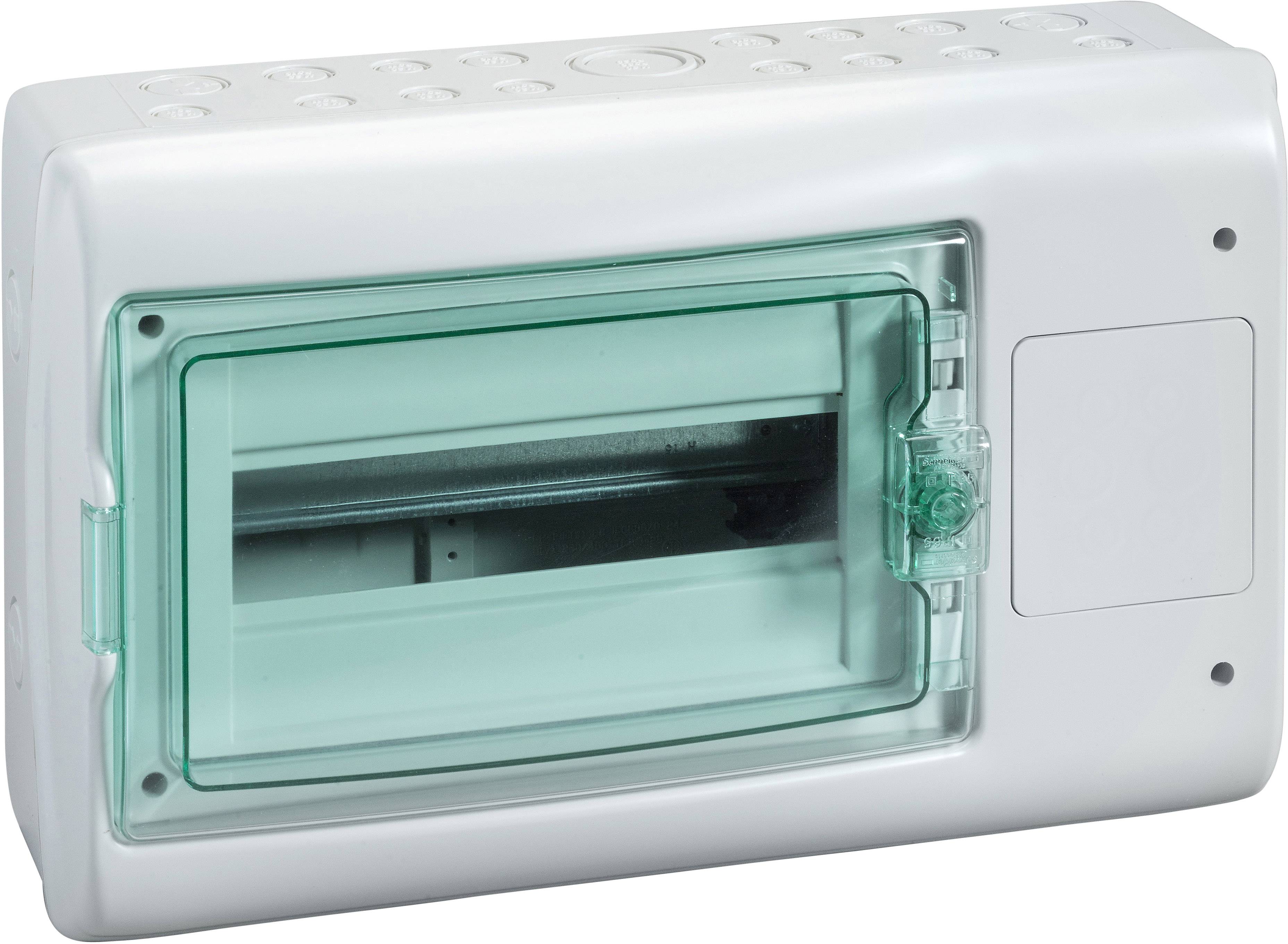 Ein Leerfeldverteilerkasten aus weißem Kunststoff mit durchsichtigem, grünlichem Türfenster, geeignet zur Montage von Sicherungen.