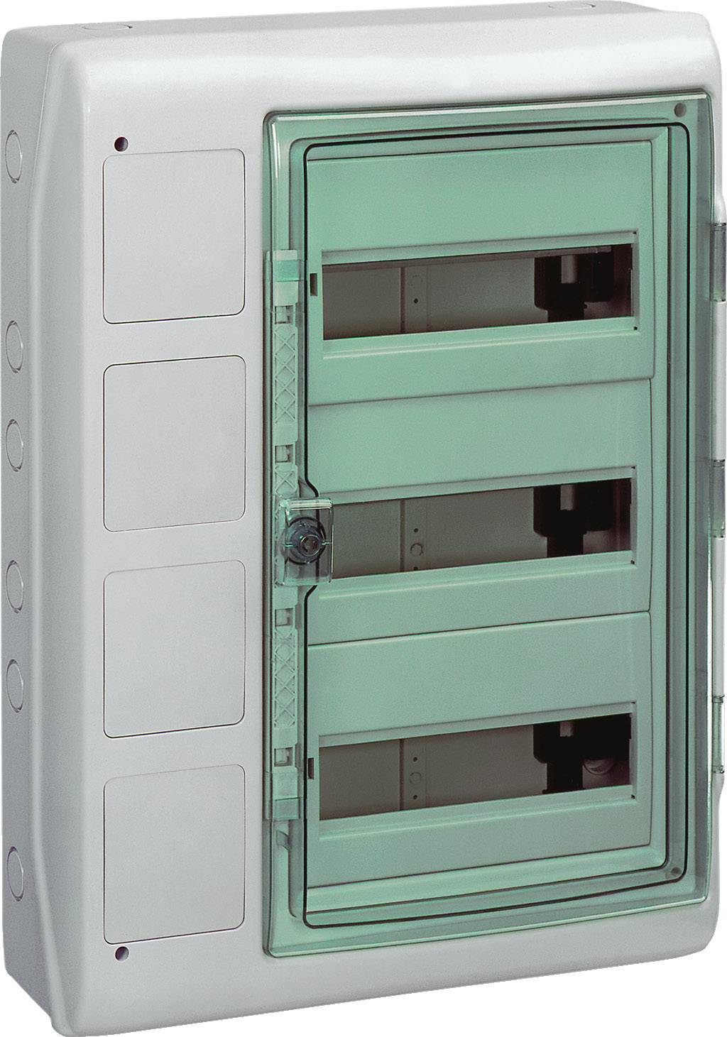 Elektroschaltkasten mit transparentem, geschlossenem Deckel, grauer Korpus, geeignet zur Sicherungsmontage in Gebäuden.