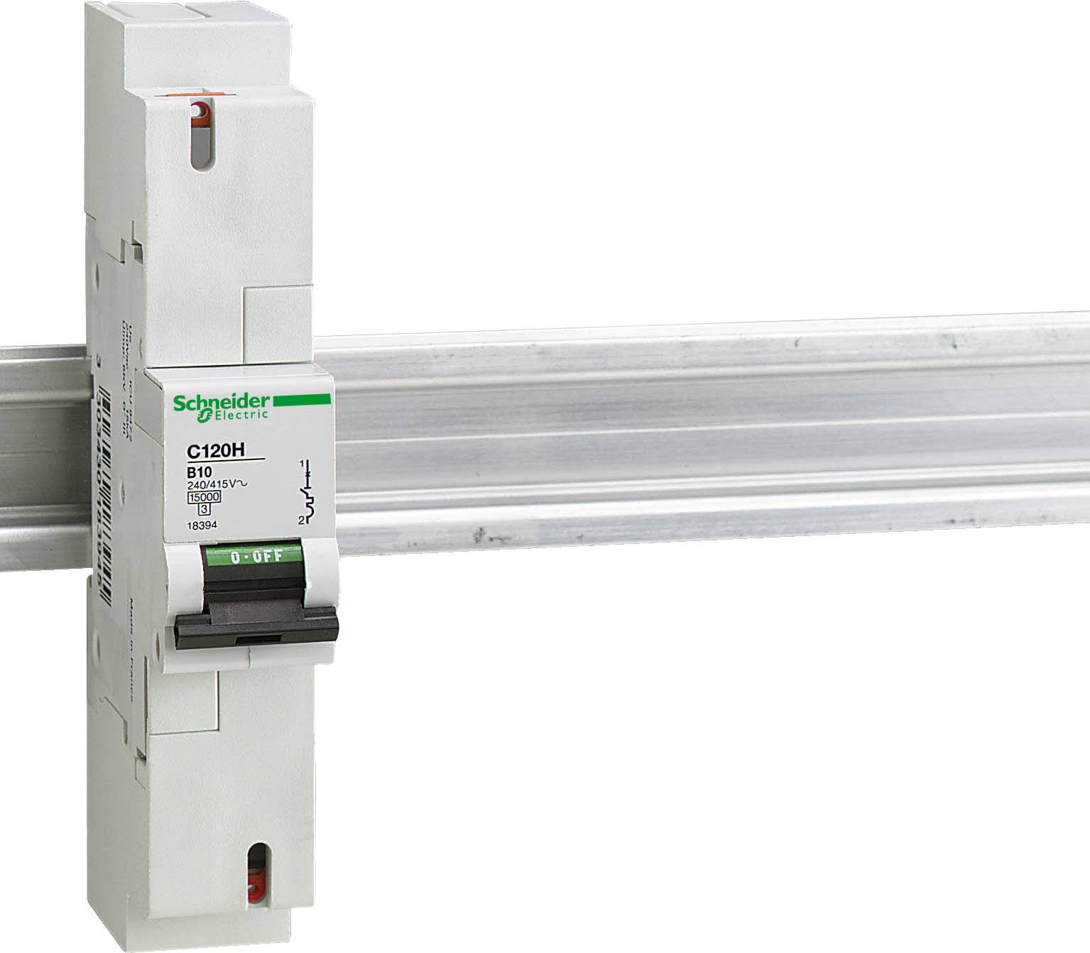 Leitungsschutzschalter auf einer Hutschiene montiert. Er ist von der Marke Schneider Electric und hat die Aufschrift 'B10'.