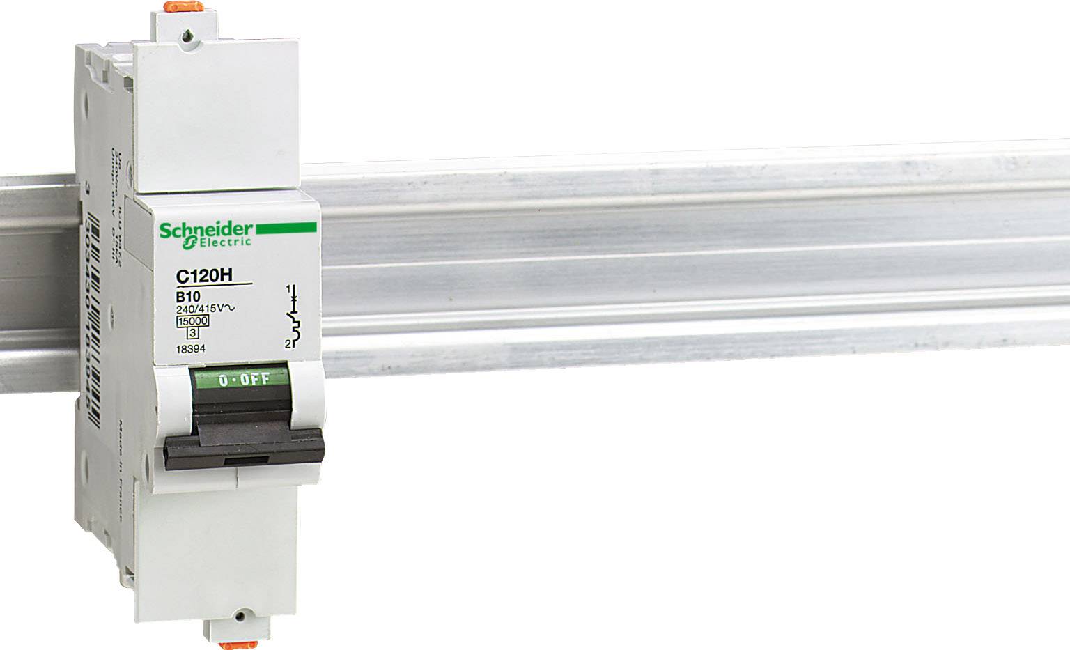 Leitungsschutzschalter von Schneider Electric, Modell C120H B10, 400/415 V, auf Hutschiene montiert.