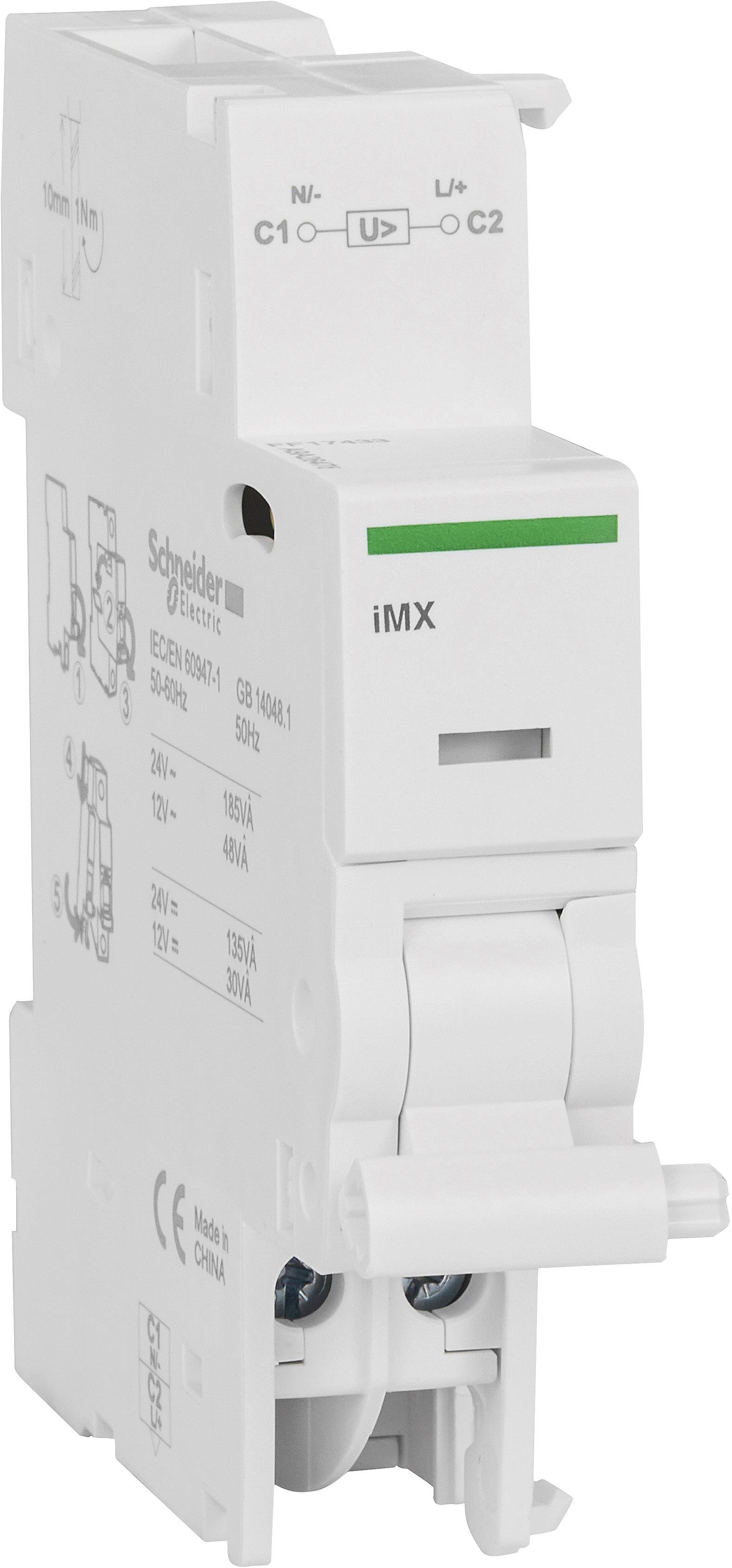 Ein weißer elektrischer Schalter von Schneider Electric mit der Aufschrift 'iMX' auf der Vorderseite. Er verfügt über mehrere Anschlüsse oben.