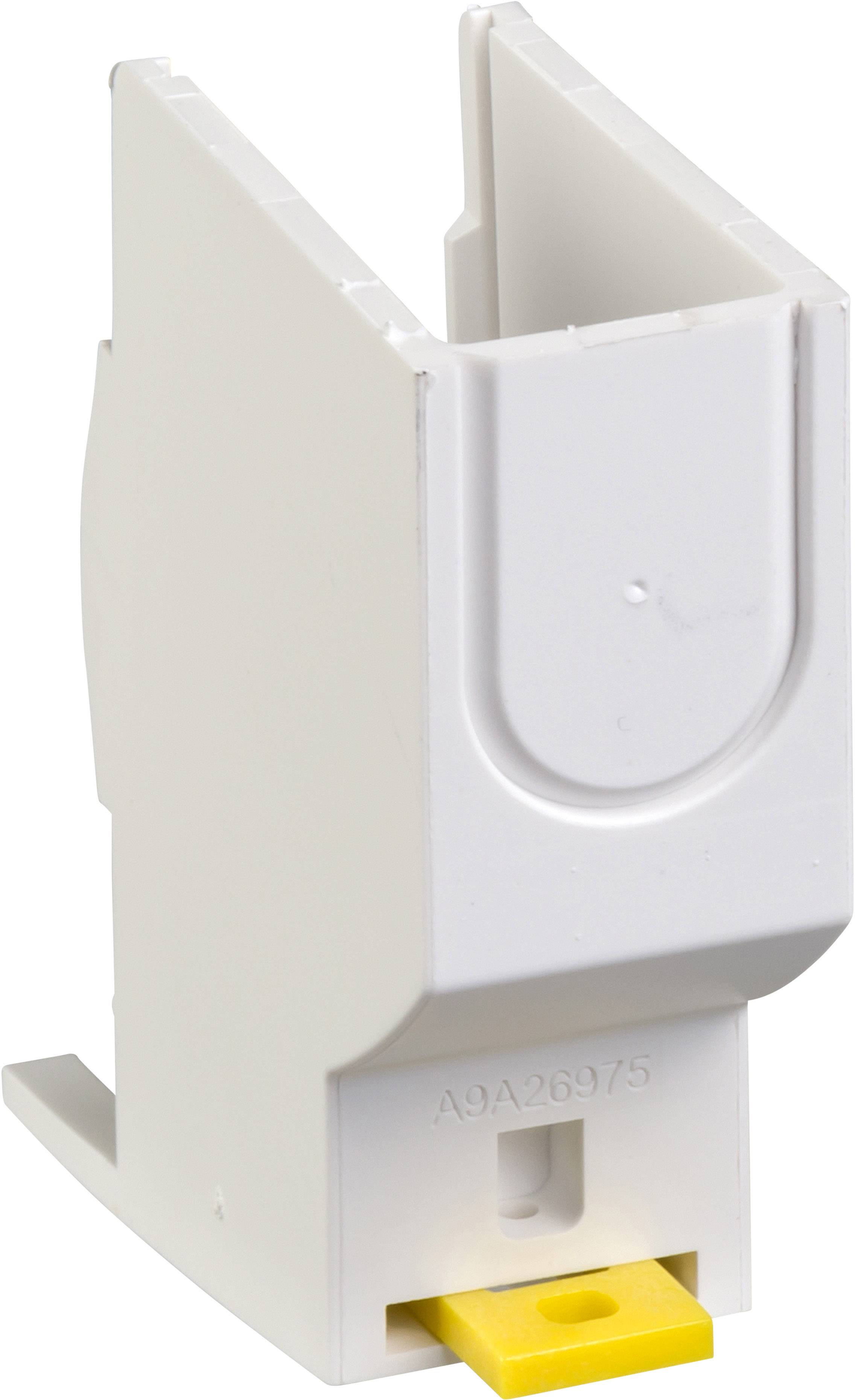 Ein weißer Kunststoffadapter mit einem gelben Schalter an der Unterseite, vermutlich zur Verwendung in elektrischen Installationen.