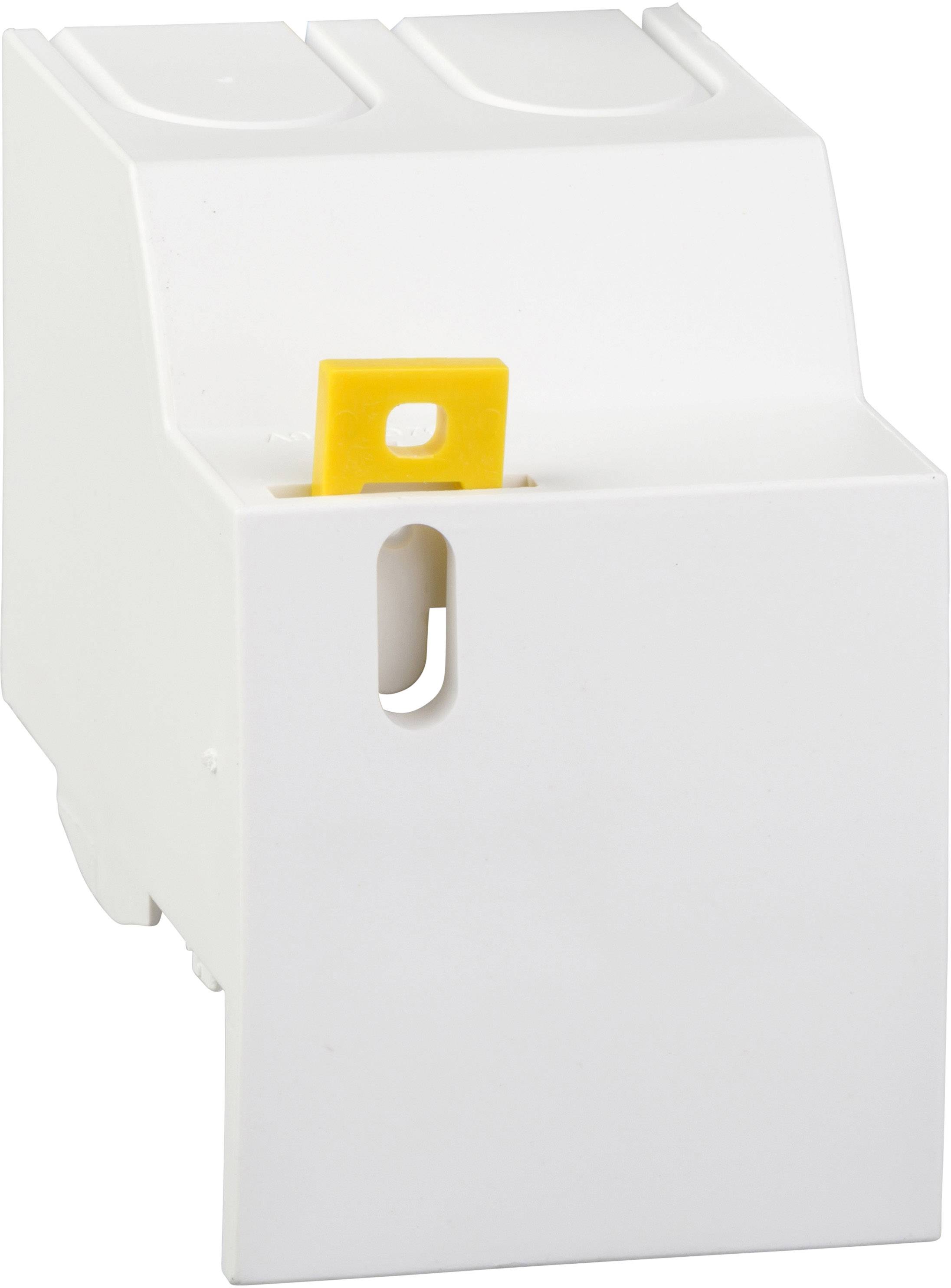 Ein elektrischer Adapter mit einer gelben Sicherung oben, geeignet für die Montage auf einer Schiene in einem Schaltschrank.