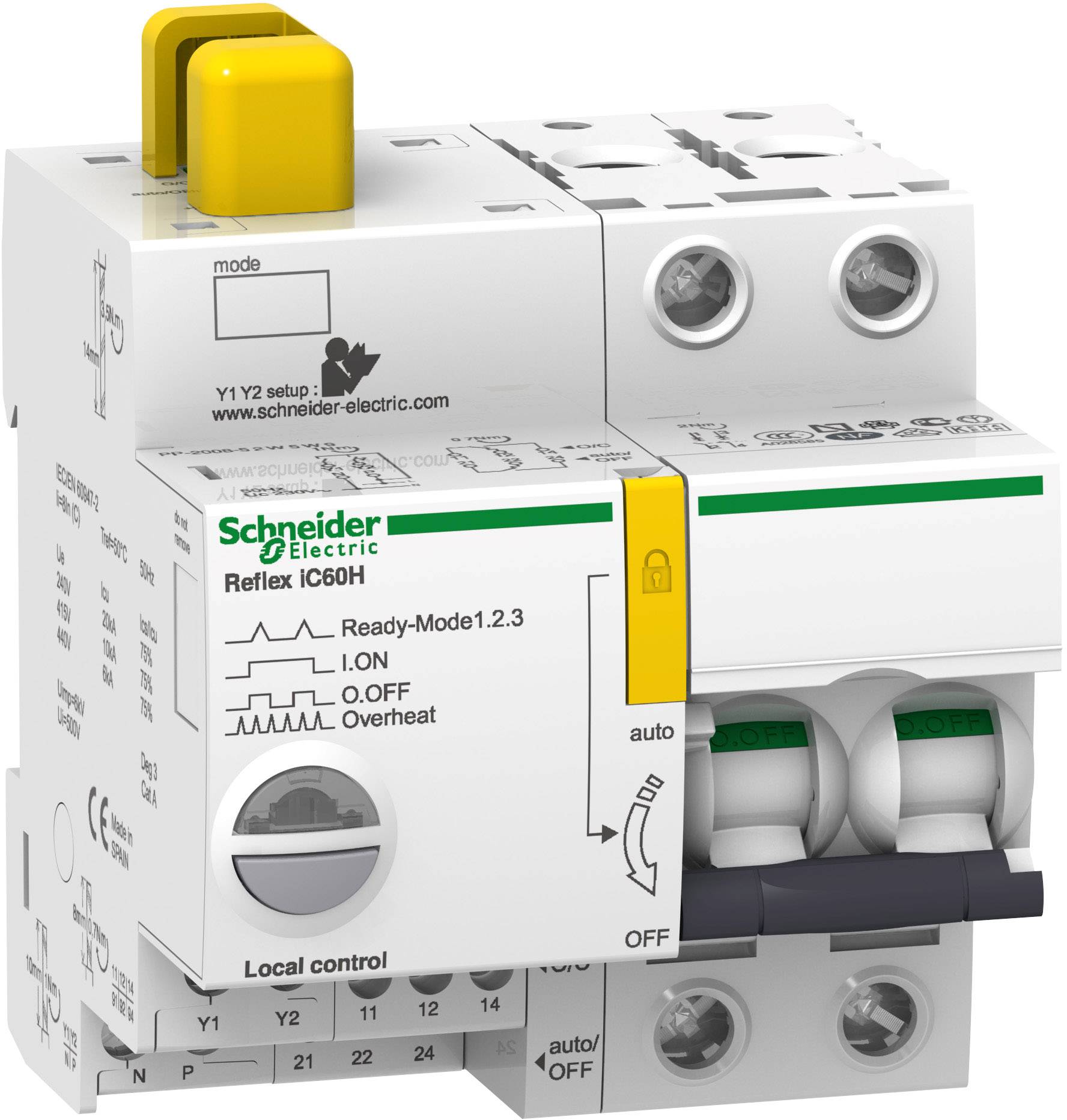 Sicherungsautomat von Schneider Electric, Modell Reflex iC60H, mit Funktionen für Ein/Aus und Überhitzungsschutz.
