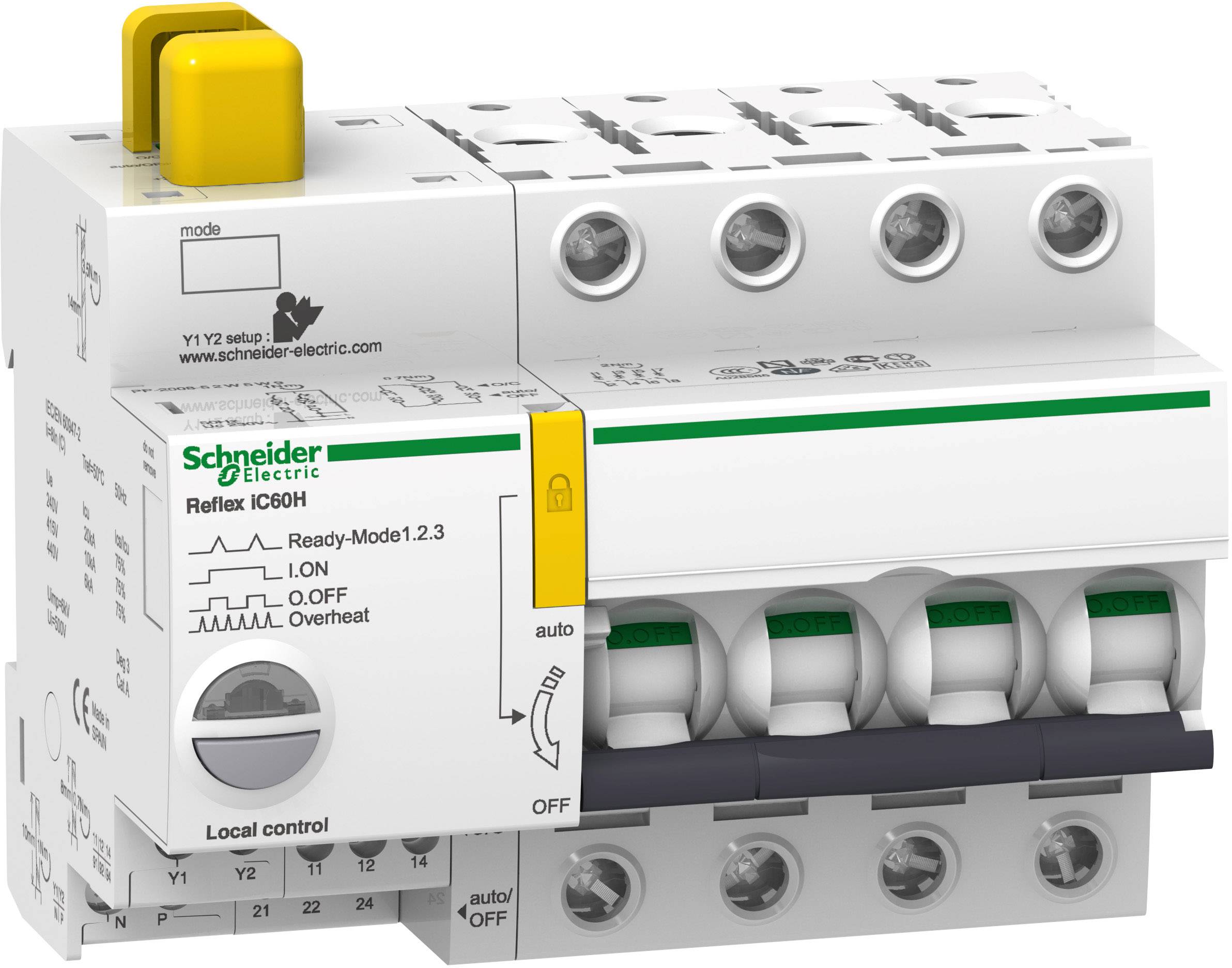'Schneider Electric Reflex iC60H' Schaltgerät mit mehreren Schaltern, gelbem Knopf und Beschriftung für Betriebsmodi und Steuerung.