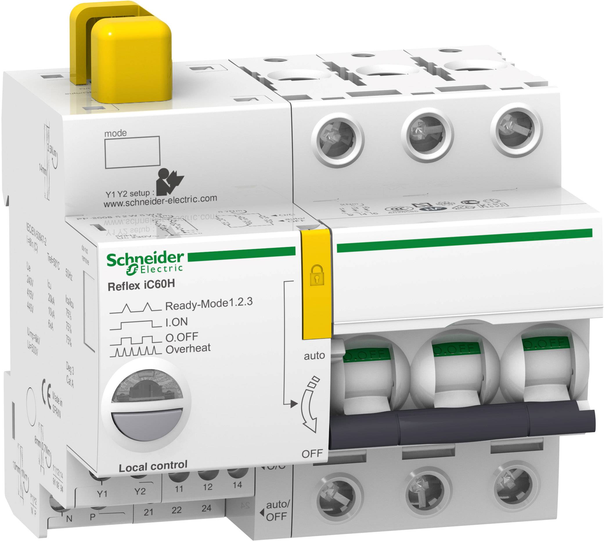 Ein Reflex iC60H-Schutzschalter von Schneider Electric, zeigt Schaltstatusanzeigen und lokale Steuerungsoptionen.