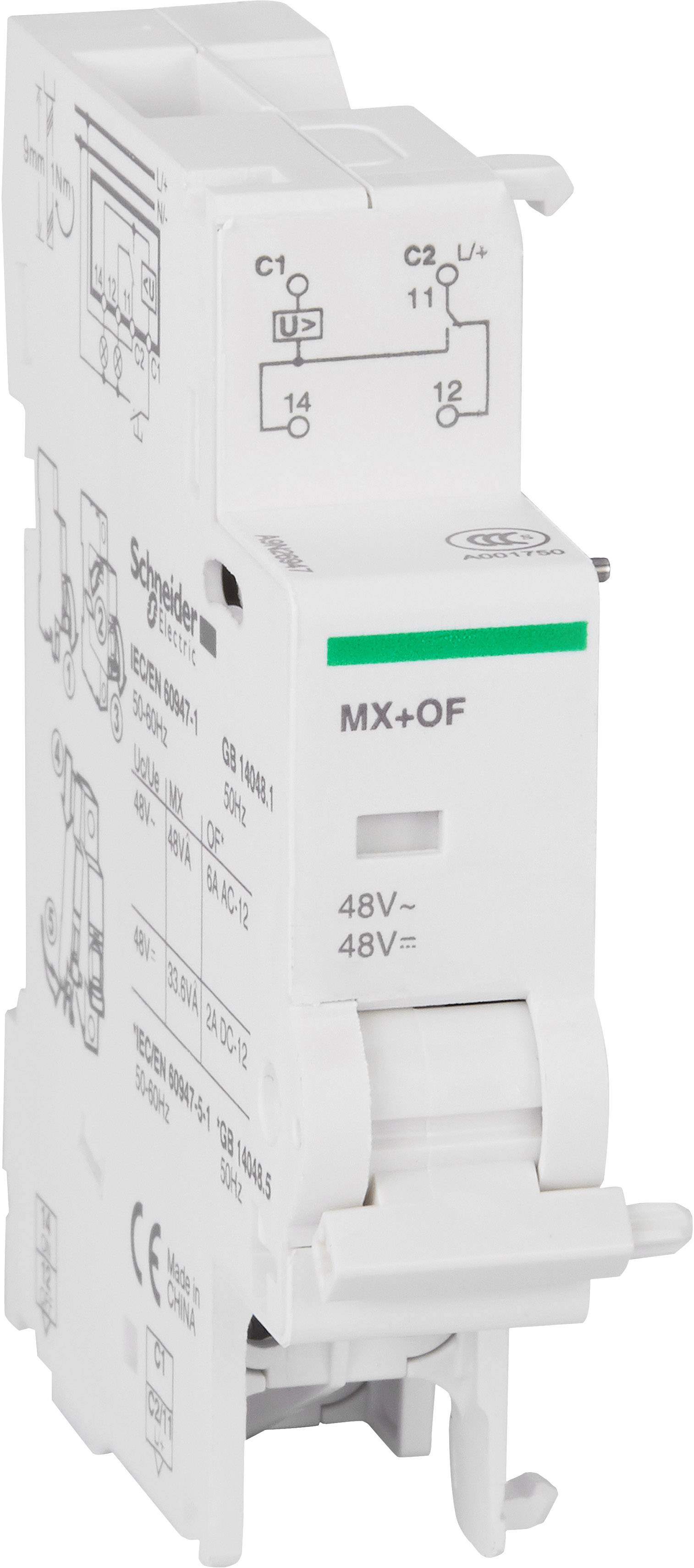 Ein weißes elektrisches Modul mit Beschriftung 'MX+OF' und '48V'. Oben sind Schaltpläne dargestellt. Produkt von Schneider Electric.