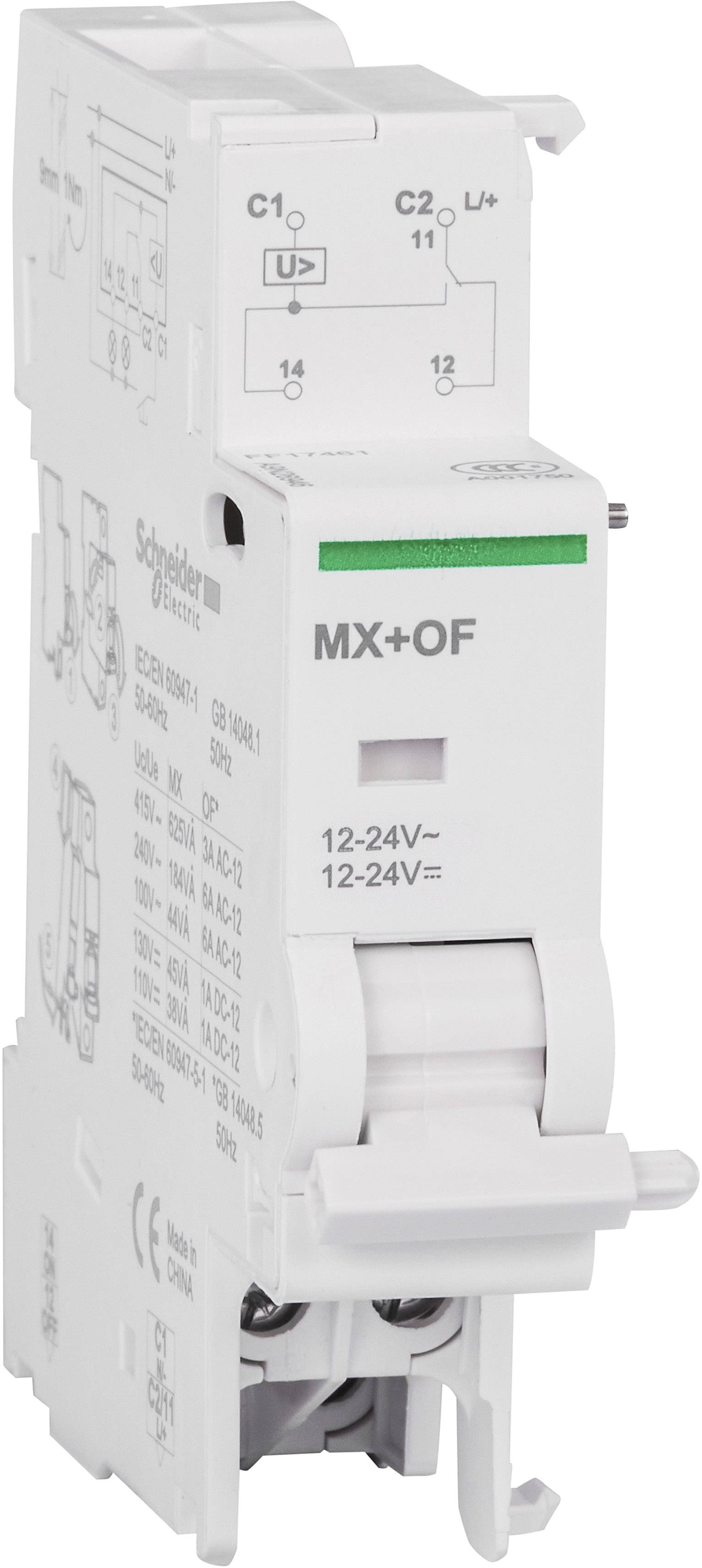 Ein elektrisches Modul von Schneider Electric mit der Aufschrift 'MX+OF' und Angaben zu Spannung '12-24V'. Einbaufähig in Schalttafeln.