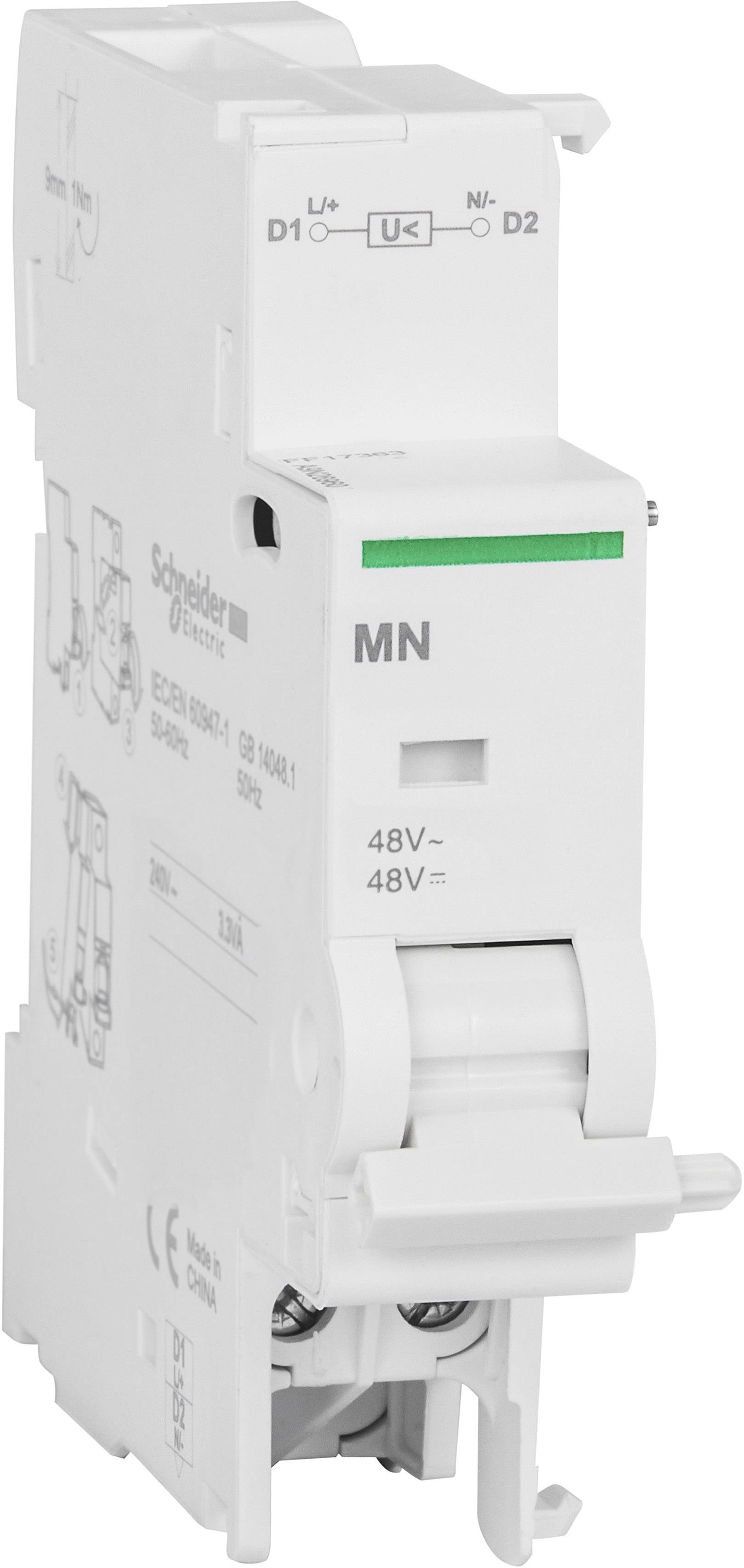 Ein elektrisches Modul mit der Aufschrift 'MN' und Spannungshinweisen '48V', weißes Gehäuse, hergestellt von Schneider Electric.