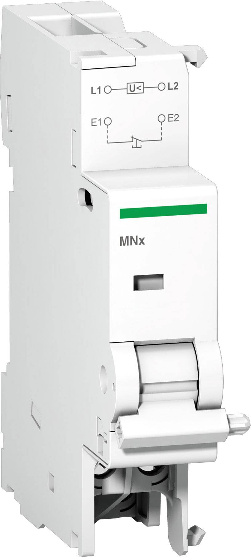 Ein weißer elektrischer Schutzschalter mit der Aufschrift 'MNx' und Schaltplan für L1, L2, E1, E2 auf der Vorderseite.