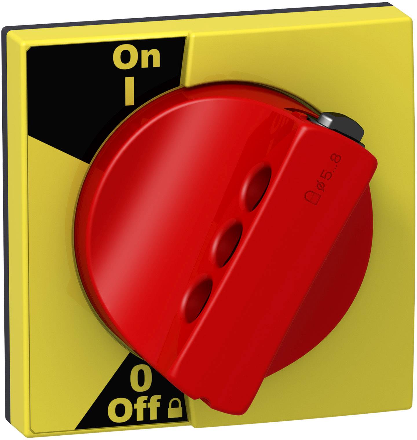 Roter Hauptschalter mit gelbem Hintergrund in Position 'Off', der zwischen 'On' oben und 'Off' unten umgeschaltet werden kann.