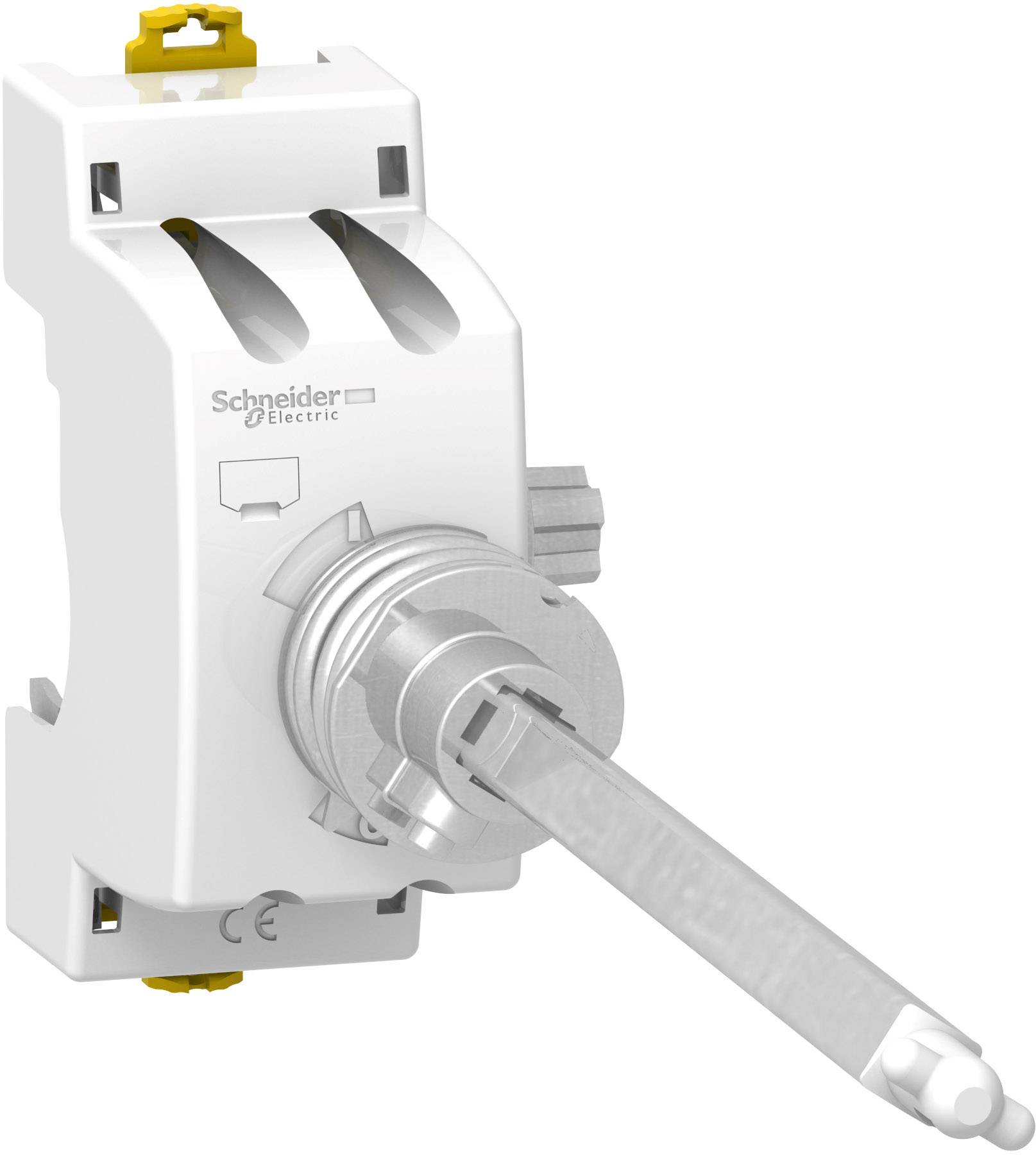 Ein weißer Schaltschalter von Schneider Electric mit einem Hebel zur manuellen Bedienung, geeignet für industrielle Anwendungen.