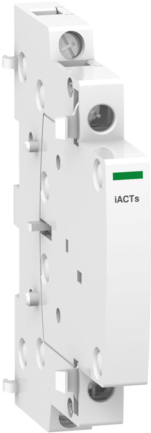 Weißer elektrischer Schalter mit der Aufschrift 'iACTs', gezeigt seitlich mit Schraubbefestigungen und grüner Markierung oben.