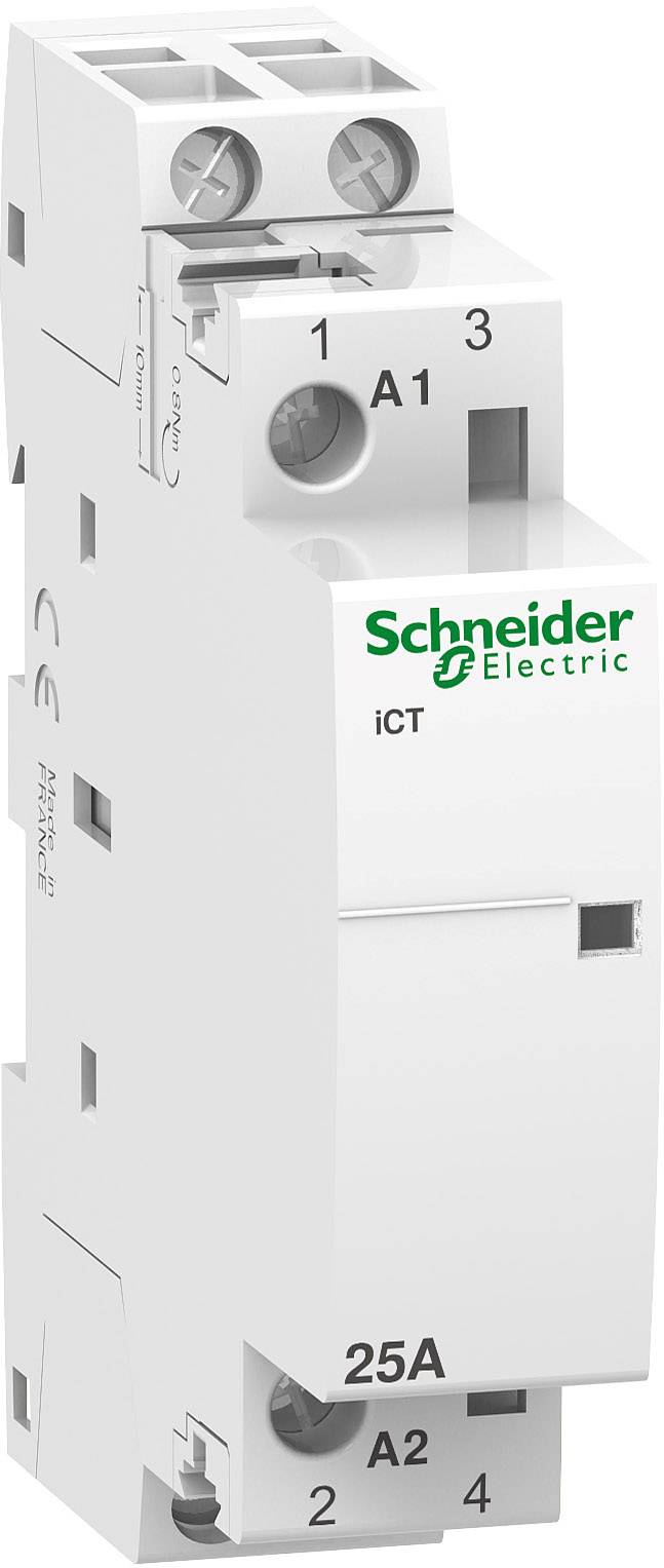 Schütz von Schneider Electric, Modell iCT, in Weiß mit grüner Aufschrift, zeigt die Vorderseite mit Anschlüssen und Modelldaten.