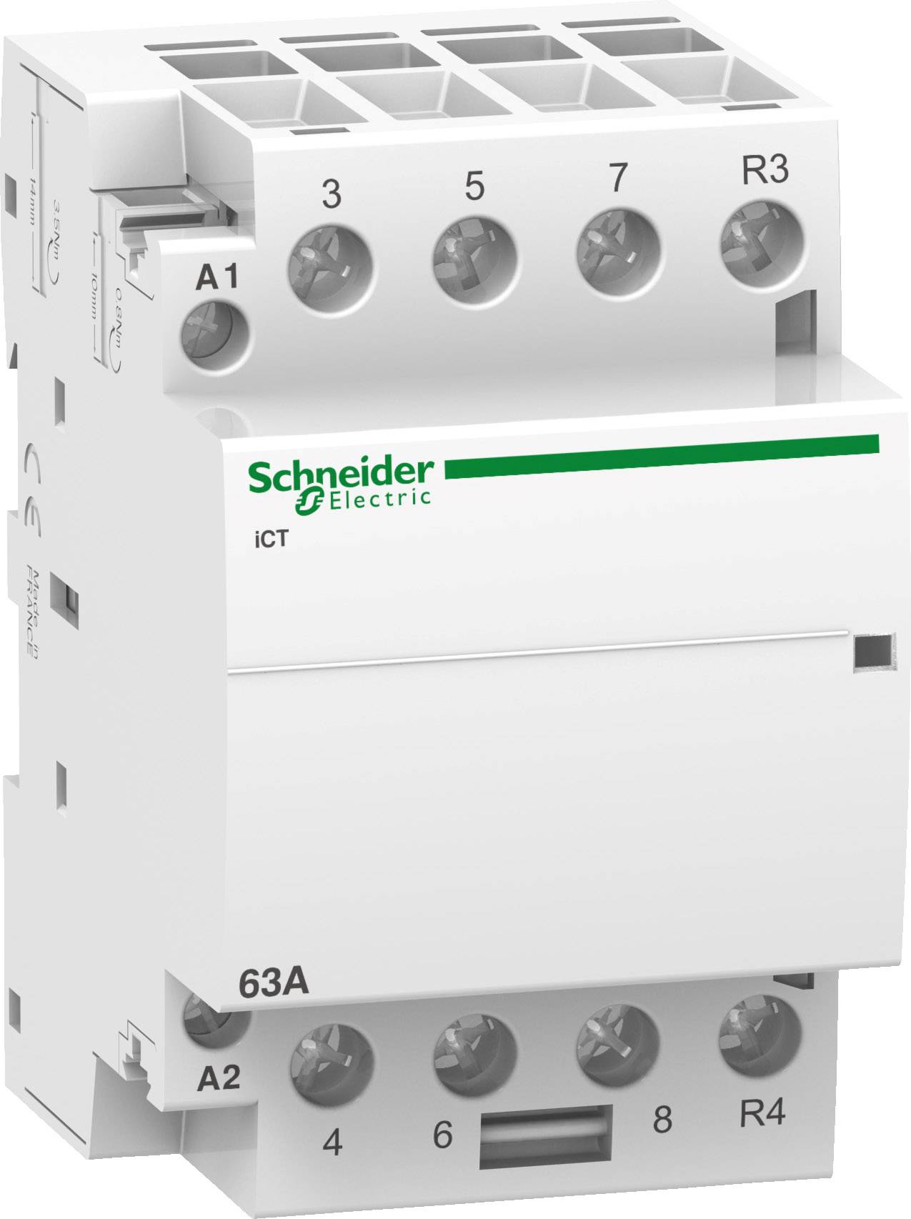 Ein weißes elektromechanisches Relais von Schneider Electric mit mehreren Anschlussklemmen, Modell 'iCT', für elektrische Installationen.