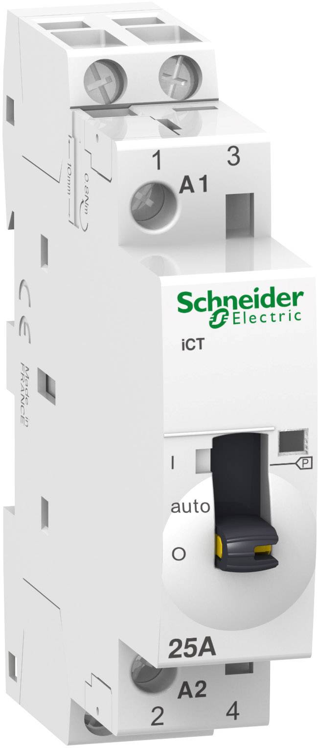 Weißer, grau-schwarzer Schalter von Schneider Electric, Modell iCT, Nennstrom 25A, mit Hebel für Auto- und Off-Einstellung.