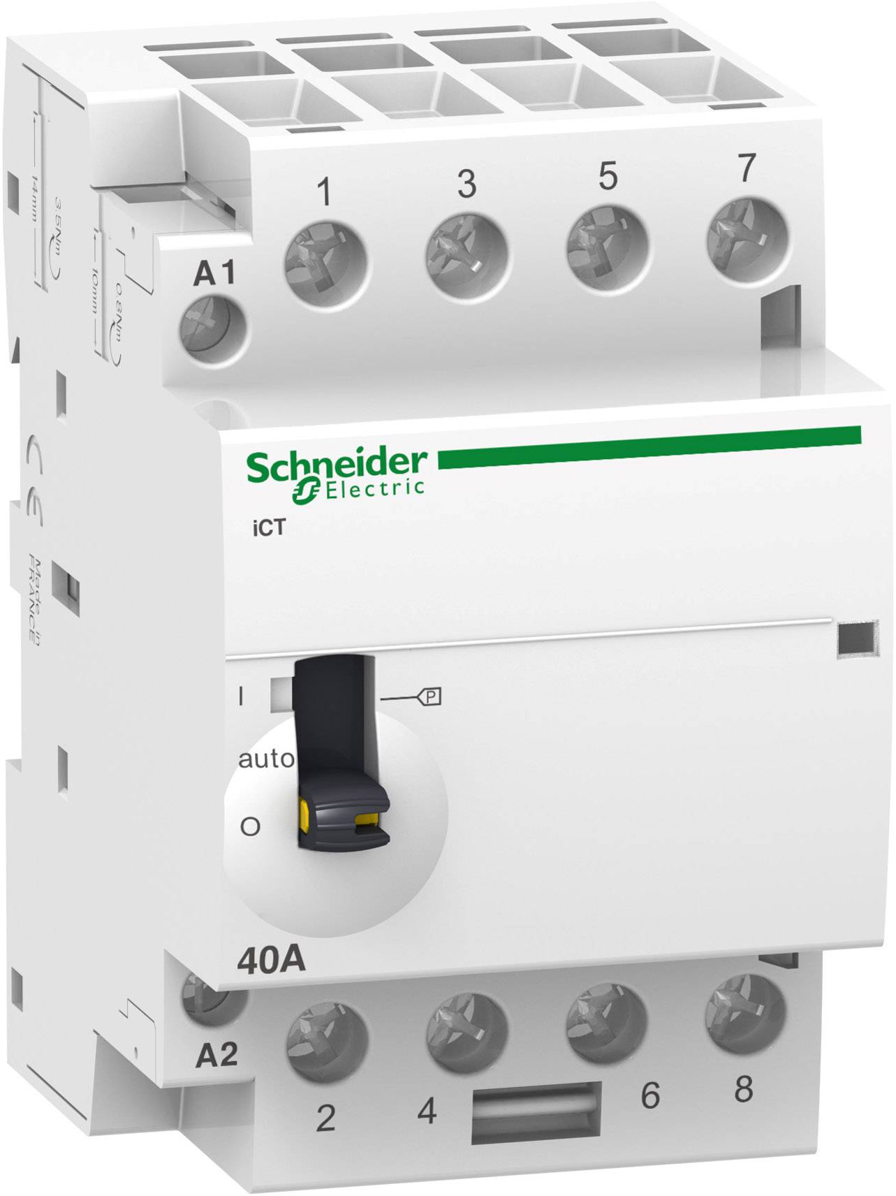 Ein weißes Relais von Schneider Electric mit Schalter, Anschlüssen und Beschriftungen. Verwendet in elektrischen Steuerungssystemen.