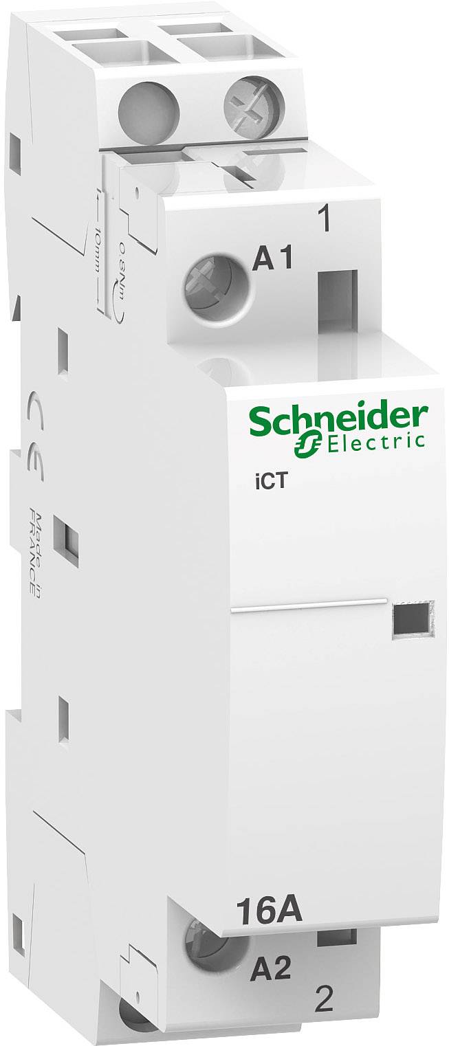 Ein weißes Relais von Schneider Electric mit der Aufschrift 'iCT', Anschlussklemmen oben, seitliche Bedienelemente, und Nennstrom 16A.