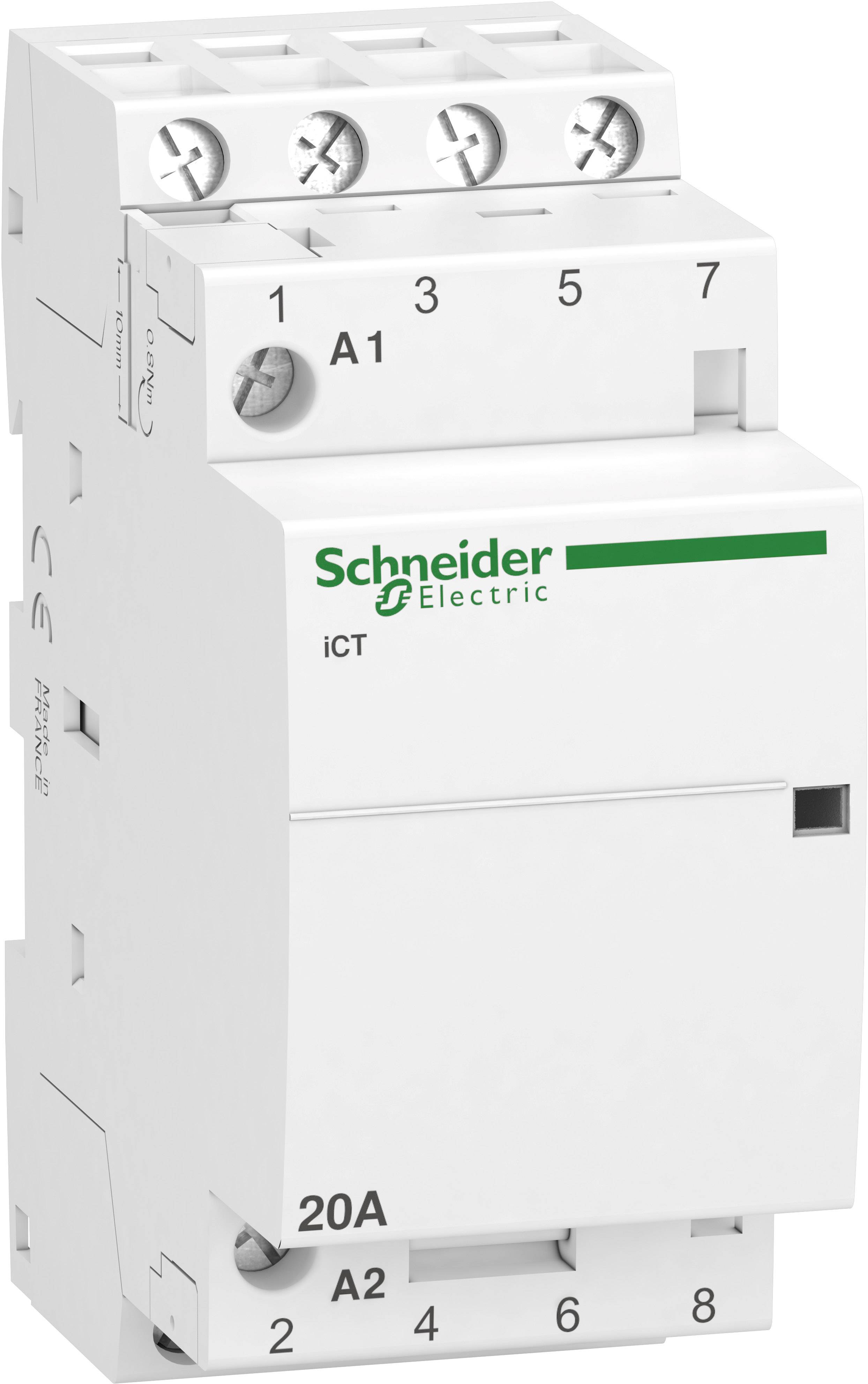 Ein weißes elektrisches Schütz von Schneider Electric, Modell iCT, mit den Bezeichnungen 'A1', 'A2' und '20A'.