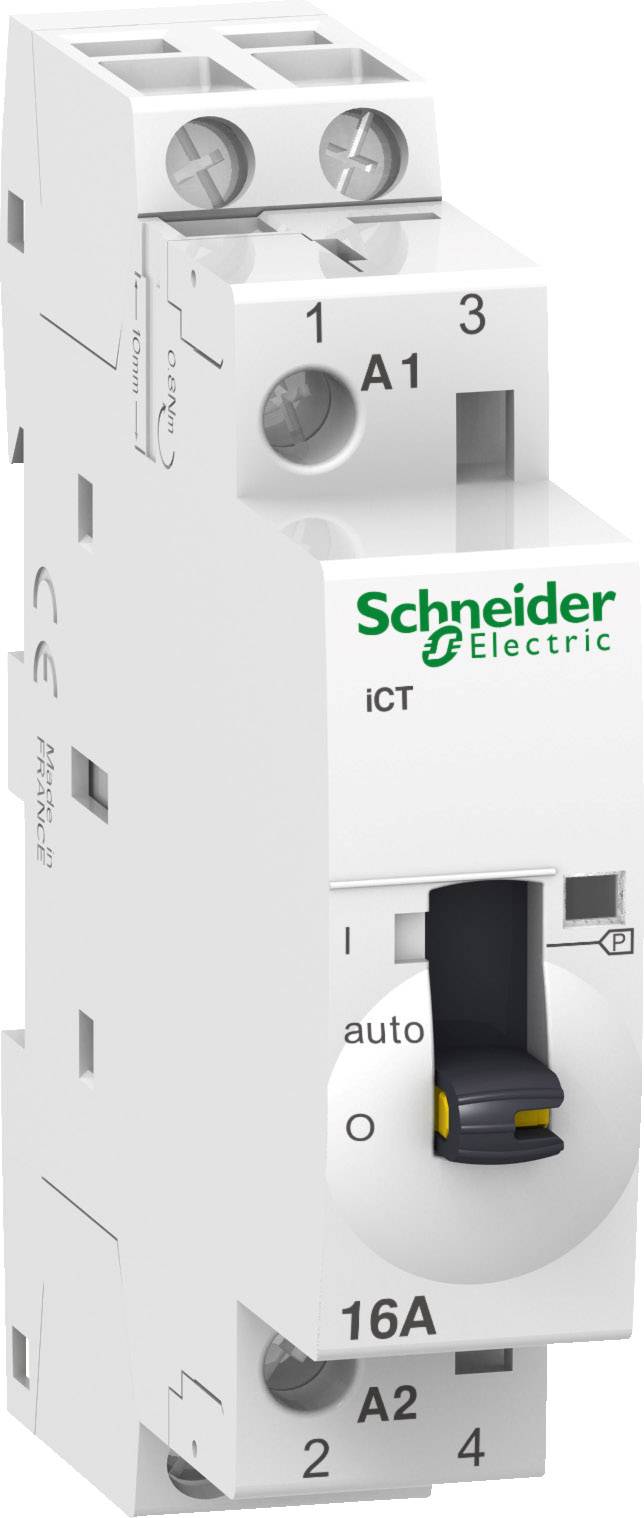 Bild eines modularen Schalters von Schneider Electric namens iCT für eine 16A-Stromstärke. Schalter hat Positionen 'I', 'auto', und 'O'.