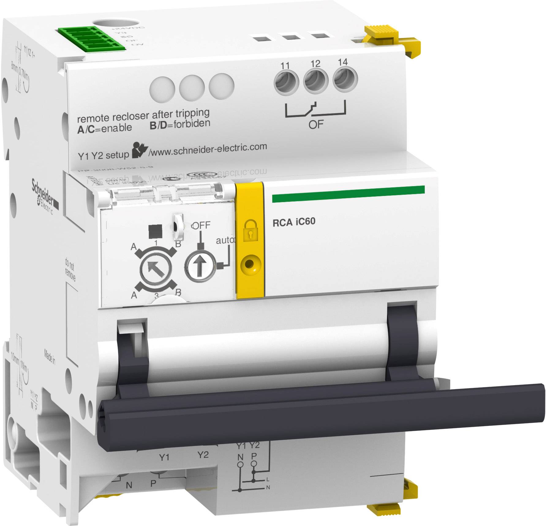 Ein elektrischer Sicherungsautomat mit verschiedenen Schaltern und einer digitalen Anzeige. Markenname und technische Spezifikationen sichtbar.