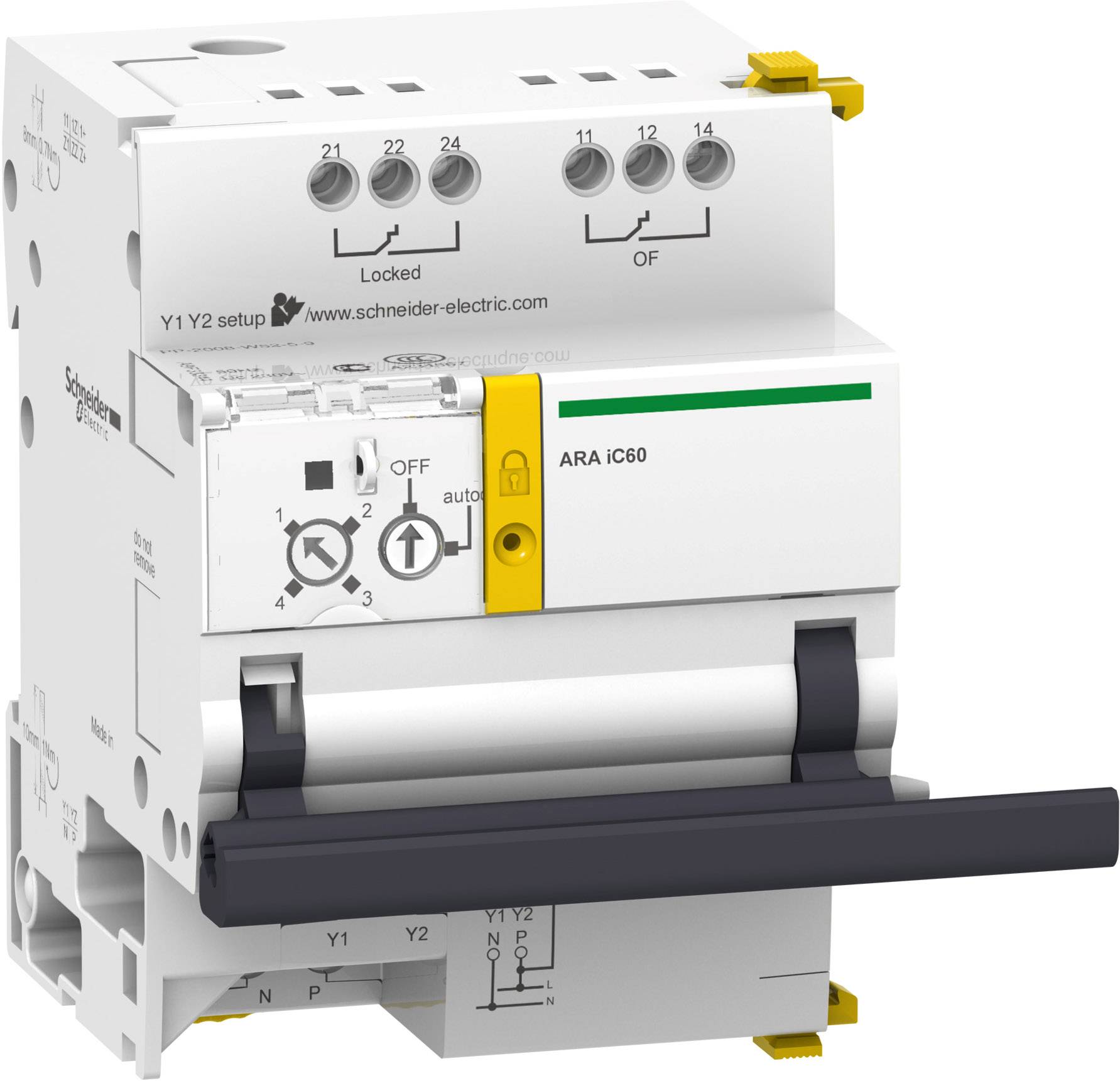 Automatischer Leistungsschalter der Marke Schneider Electric, Modell iC60 mit gelbem Hebel. Zur Steuerung von Stromkreisen.