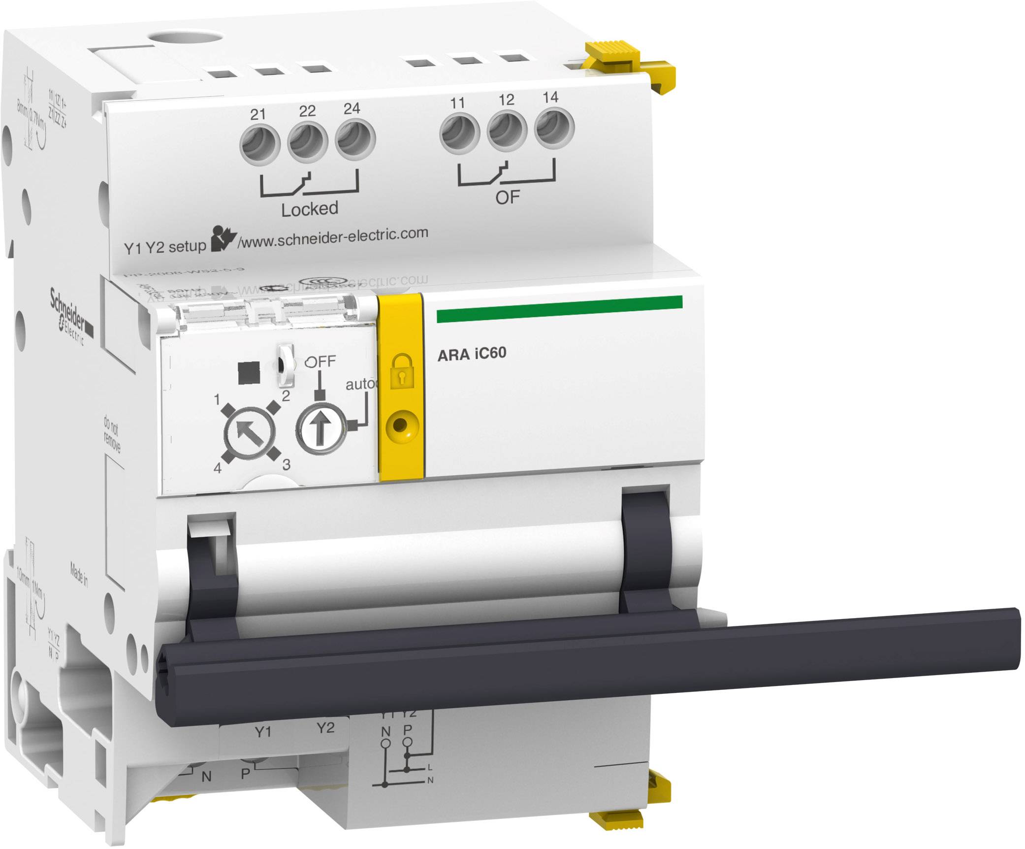 Ein elektrischer Leistungsschalter mit gelbem Hebel, grauem Schalter und Beschriftungen auf der Vorderseite zur Bedienung und Sicherheit.