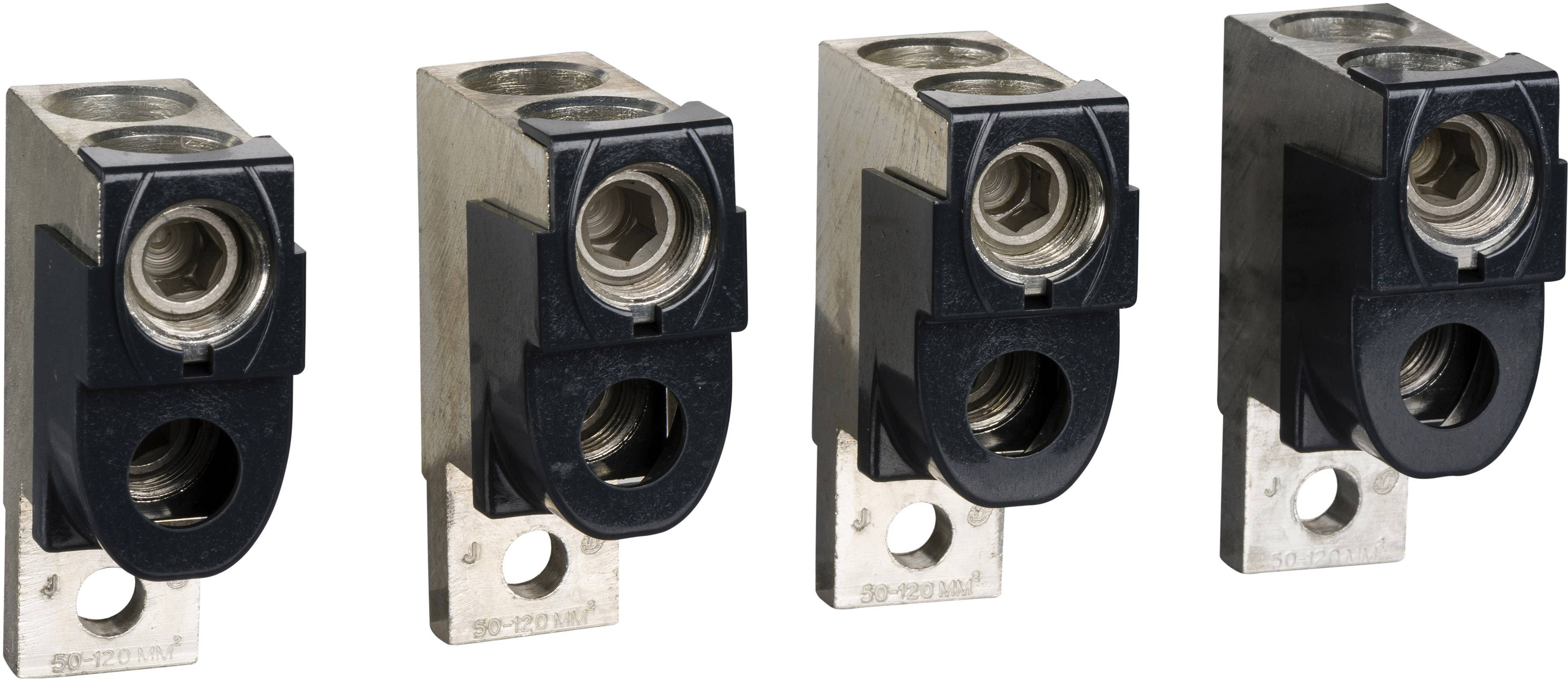 Vier Metallverbinder mit rechteckiger Form, schwarzen Kunststoffelementen und Löchern für Kabelbefestigung.