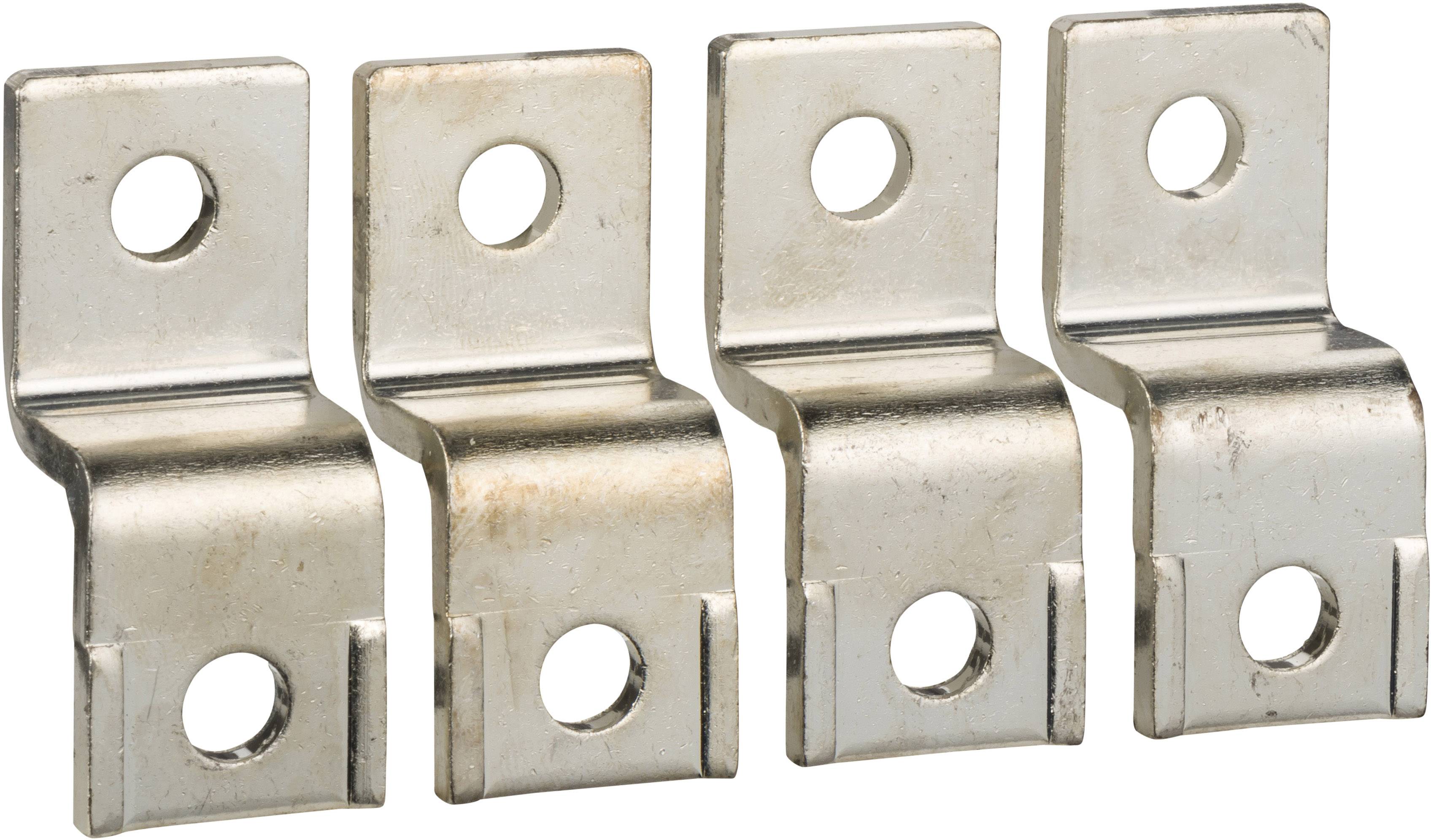 Vier silberne Metallwinkel mit Schraubenlöchern, die zur Befestigung in Konstruktionen verwendet werden. Sie liegen nebeneinander.