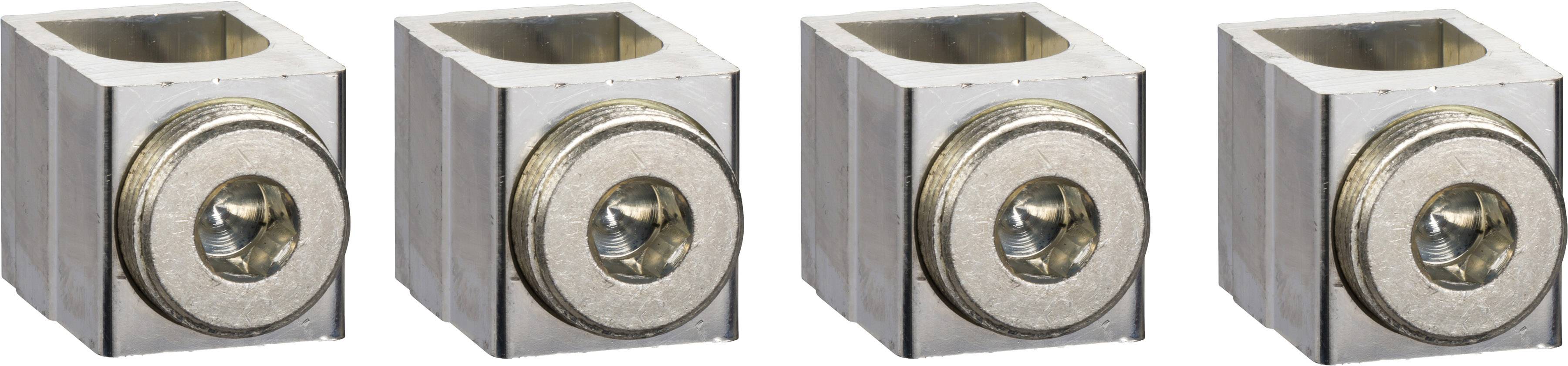Vier Metallklemmen in einer Reihe, mit Schrauben in der Mitte, auf weißem Hintergrund. Sie sind für elektrische Anschlüsse geeignet.