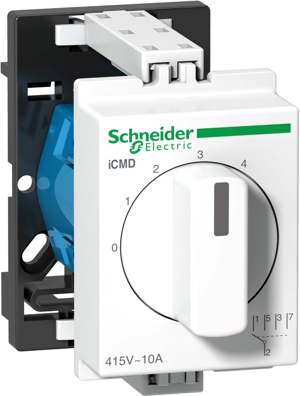 Ein weißer Schalter mit einem großen Drehknopf und grünem Logo von Schneider Electric, beschriftet mit '415V ~ 10A', zeigt verschiedene Einstellungen von 0 bis 7.