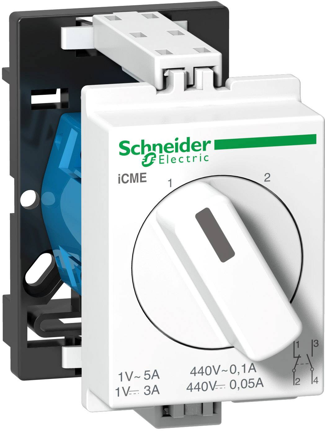Drehschalter von Schneider Electric mit den Einstellungen 1 und 2, geeignet für Stromstärken von 1V bis 5A und 440V bis 0,1A.