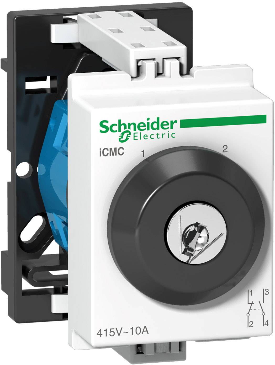 'Schneider Electric' iCMC Schalter, 415V, 10A. Weißes Gehäuse, schwarzer Drehknopf, Zahlen 1 und 2 aufgedruckt.