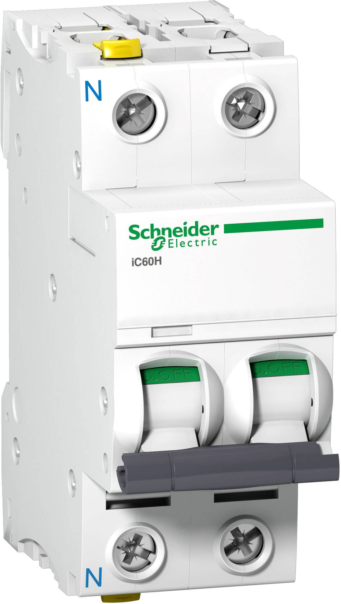 Doppelt-Schalter eines Leistungsschutzschalters der Marke Schneider Electric, Modell iC60H, mit grüner und gelber Markierung.