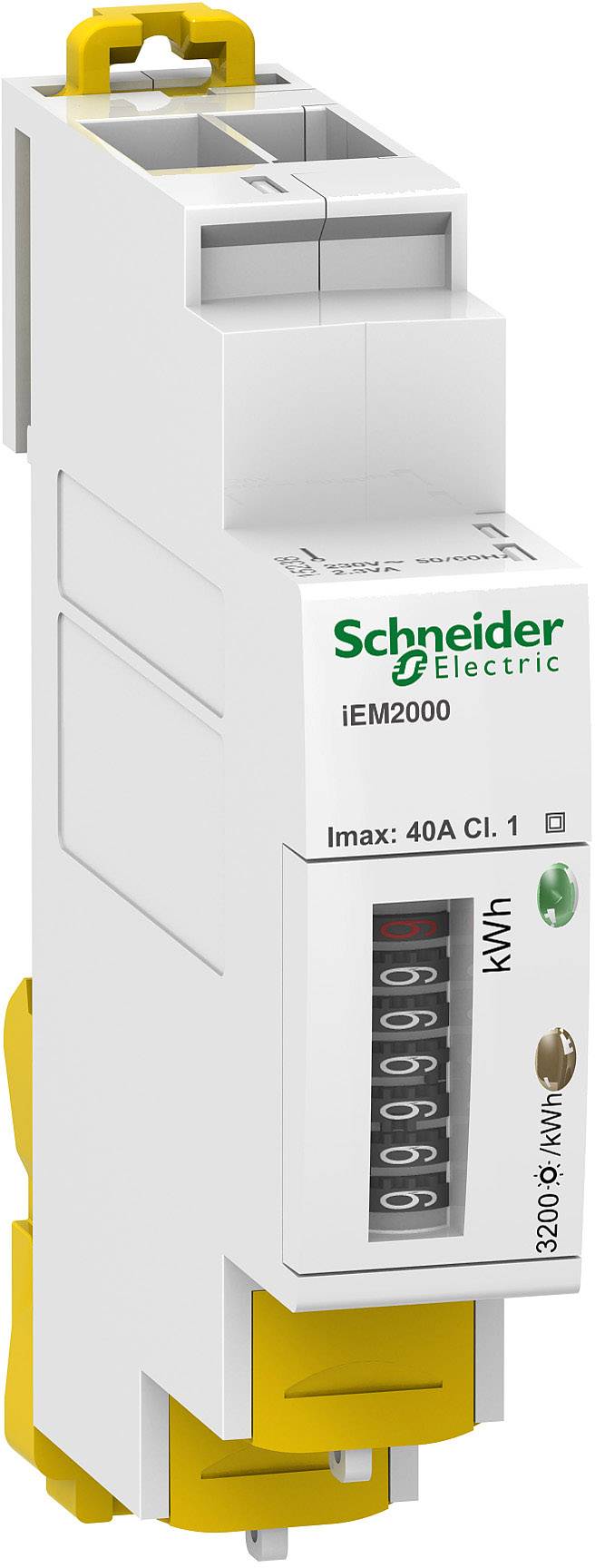 Ein elektrischer Energiezähler von Schneider Electric, Modell iEM2000, zur Messung von Stromverbrauch, zeigt 6060 kWh.