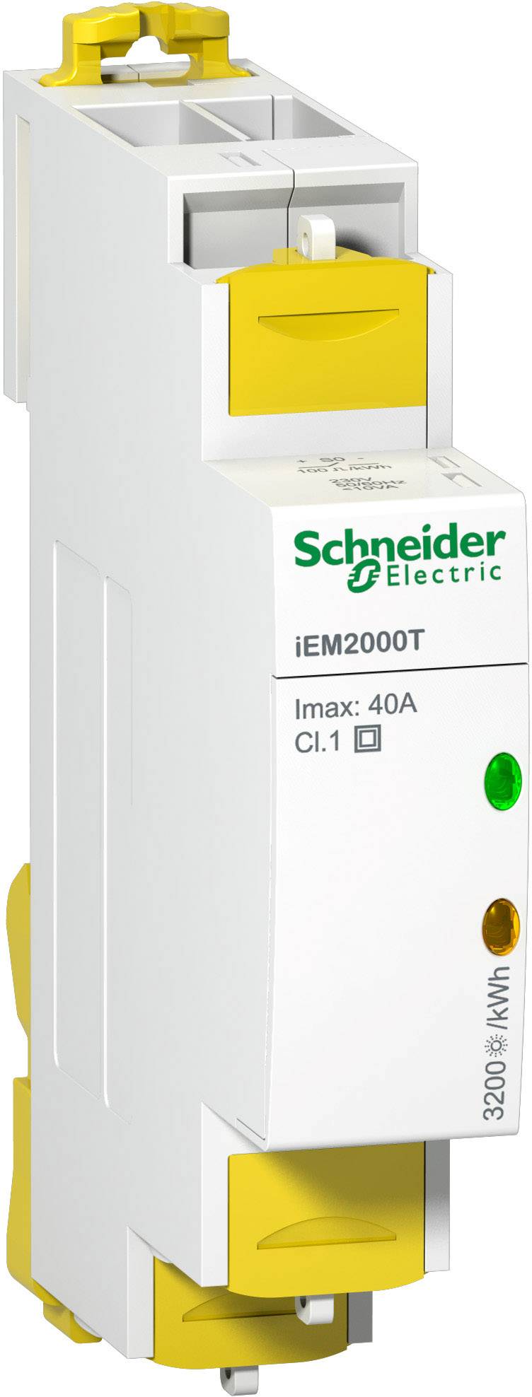 'Schneider Electric iEM2000T' Stromzähler, maximale Stromstärke 40A, Genauigkeitsklasse 1. Weiße Hülle mit gelben Elementen und grüner LED-Anzeige.
