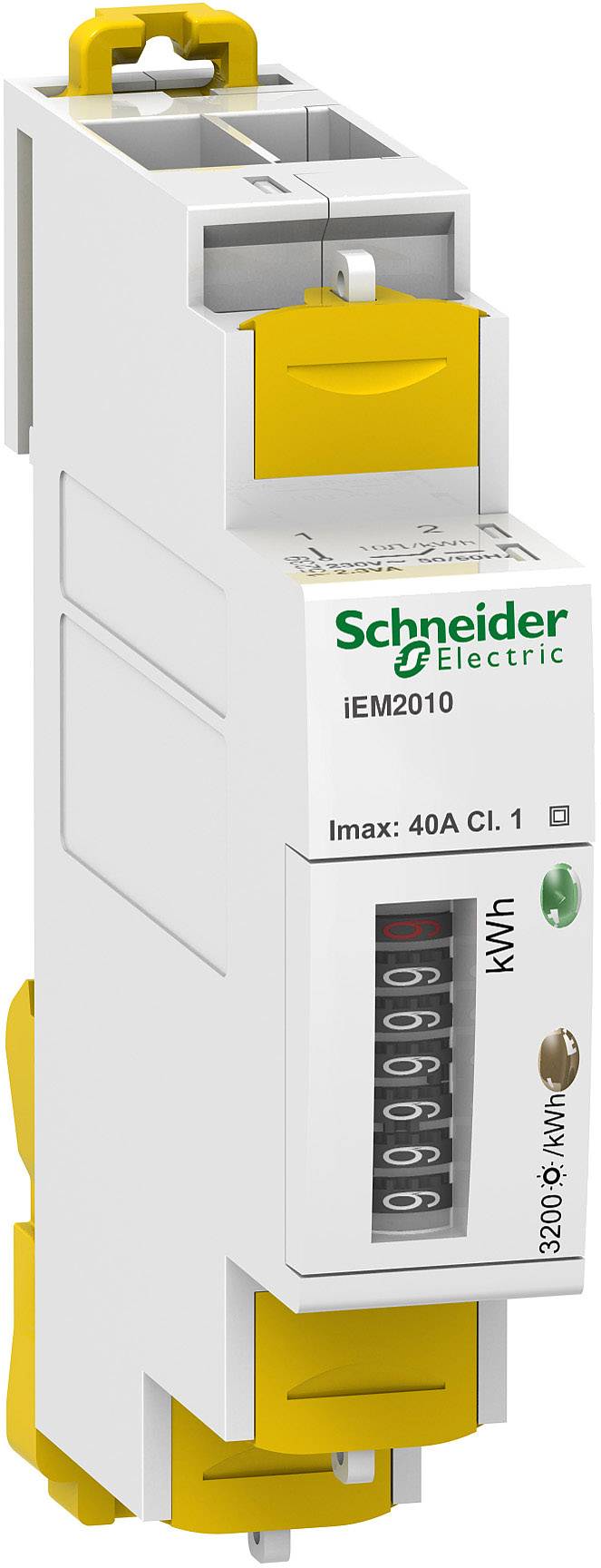 Ein weißer und gelber Energiemessgerät von Schneider Electric, Modell iEM2010, zeigt einen Messwert, Maximalstrom 40A, Klasse 1.